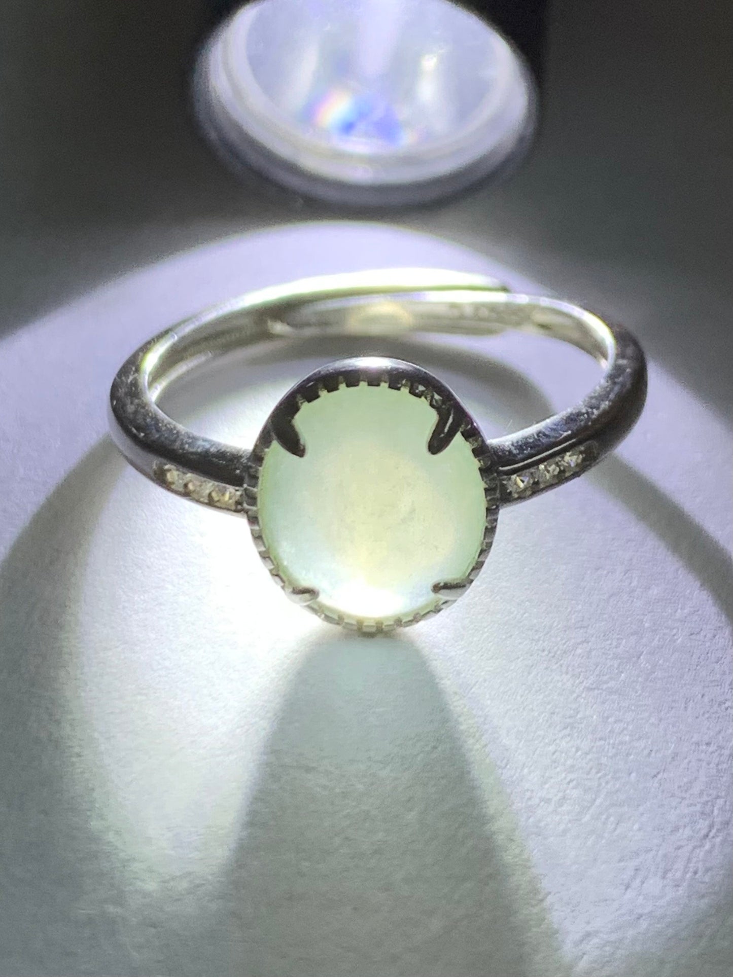 Natural Burmese Icy Highly Translucent Light Green Jadeite Ring Sterling Silver Size 7 Adjustable 天然缅甸冰淡晴底翡翠蛋面银镶戒指 221G