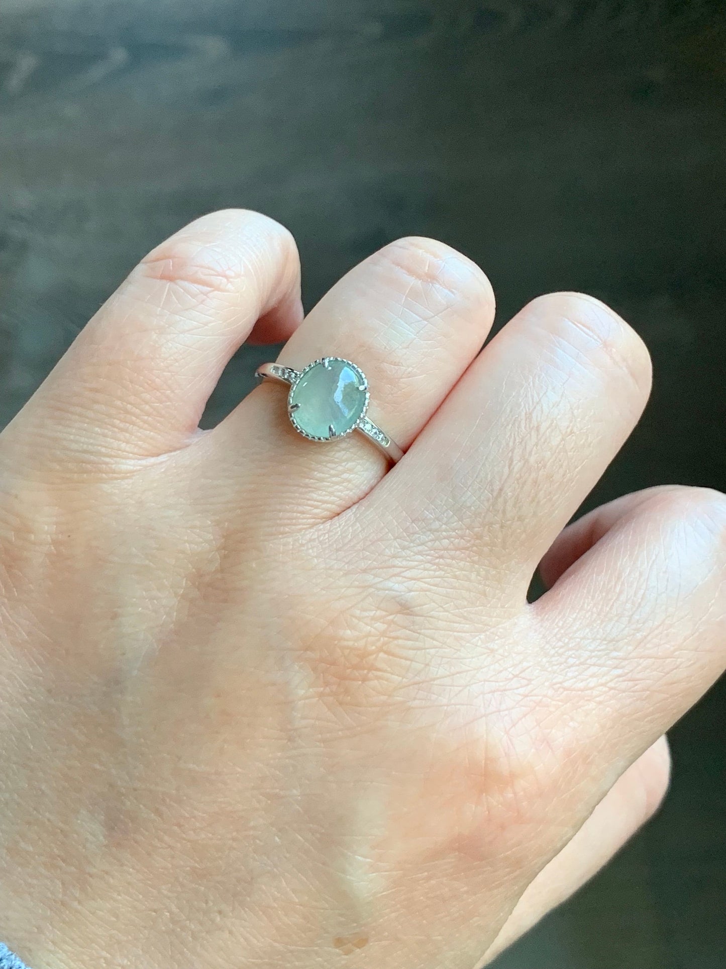 Natural Burmese Icy Highly Translucent Light Green Jadeite Ring Sterling Silver Size 7 Adjustable 天然缅甸冰淡晴底翡翠蛋面银镶戒指 221G
