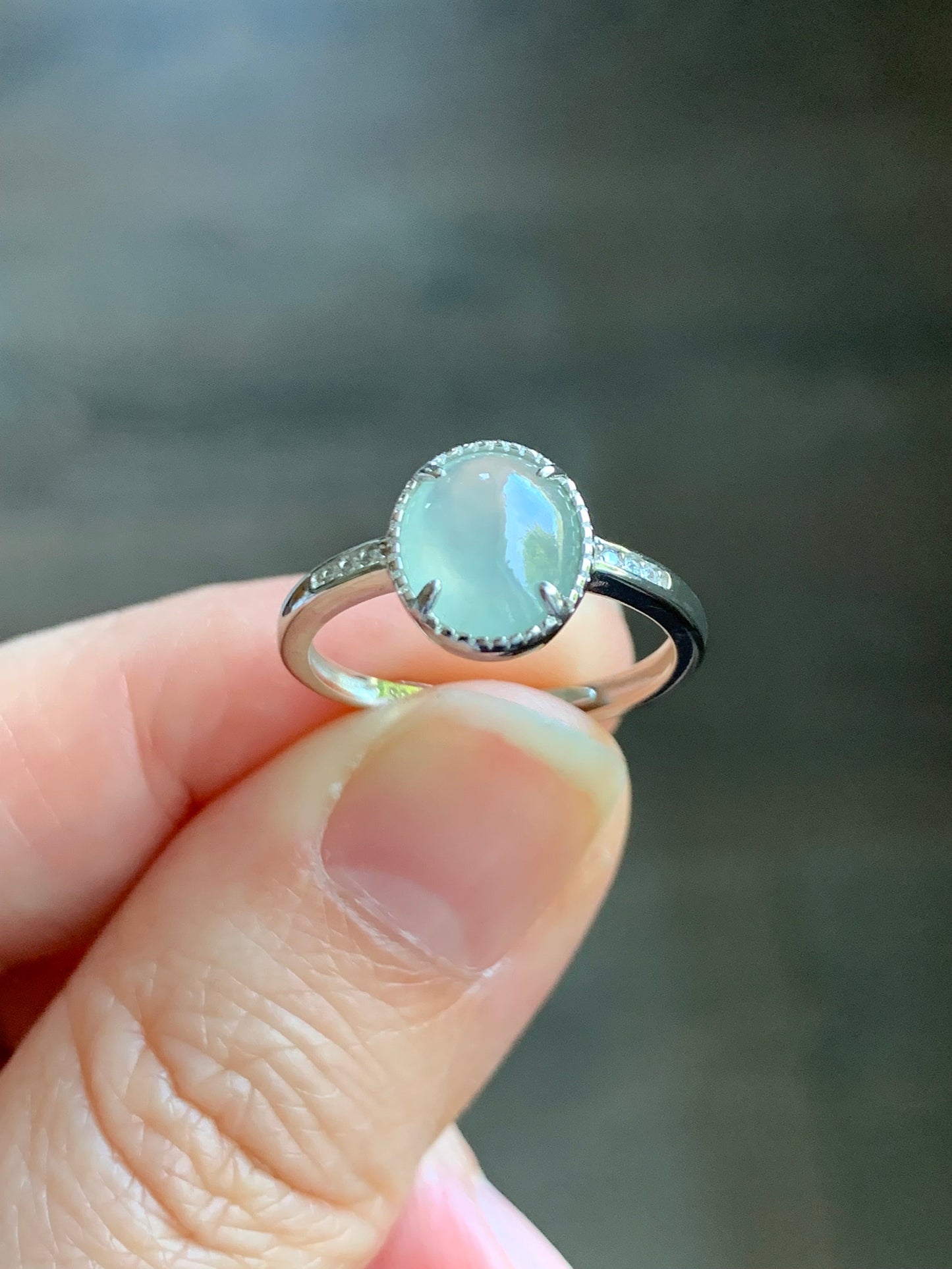 Natural Burmese Icy Highly Translucent Light Green Jadeite Ring Sterling Silver Size 7 Adjustable 天然缅甸冰淡晴底翡翠蛋面银镶戒指 221G
