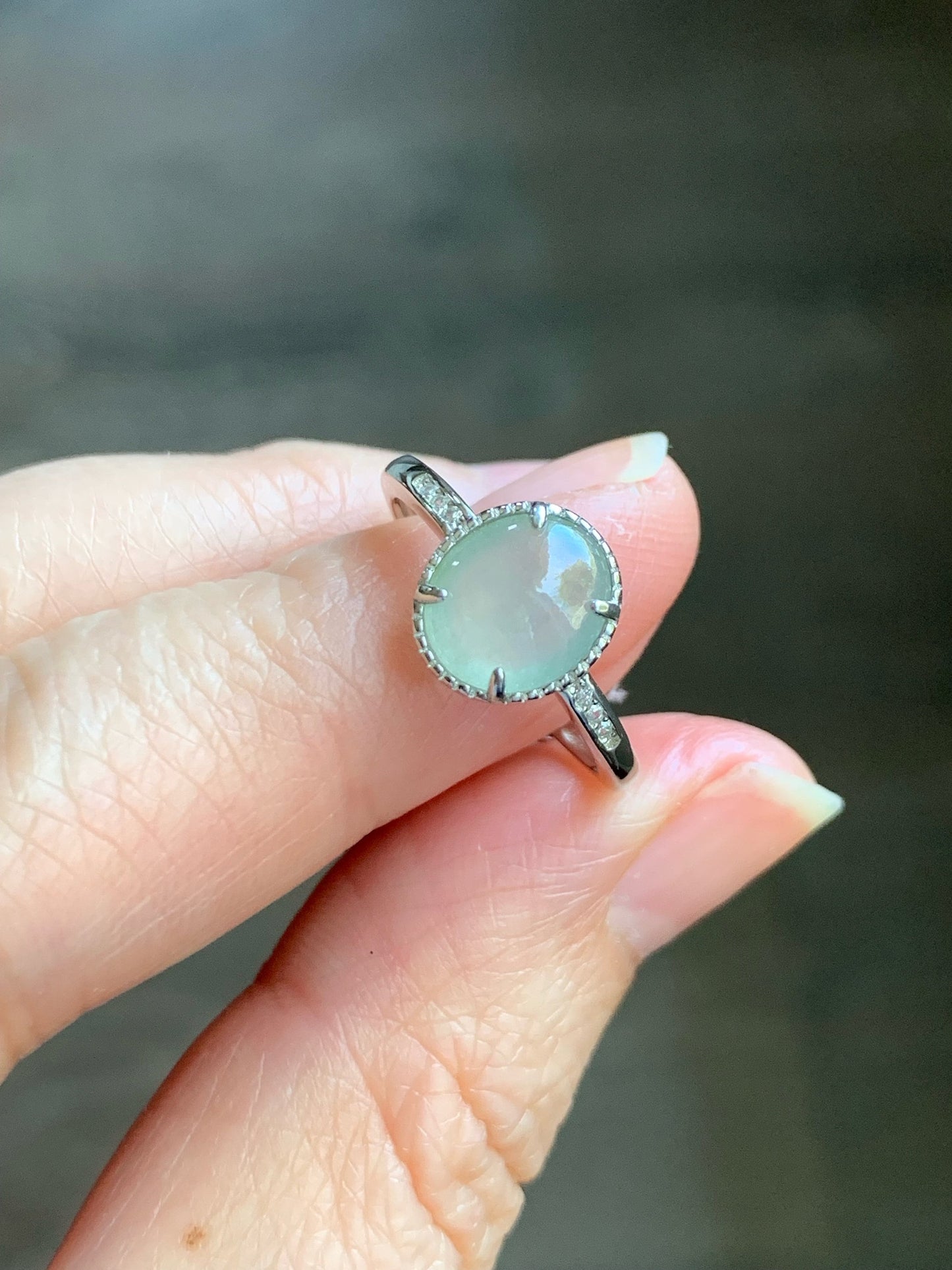 Natural Burmese Icy Highly Translucent Light Green Jadeite Ring Sterling Silver Size 7 Adjustable 天然缅甸冰淡晴底翡翠蛋面银镶戒指 221G