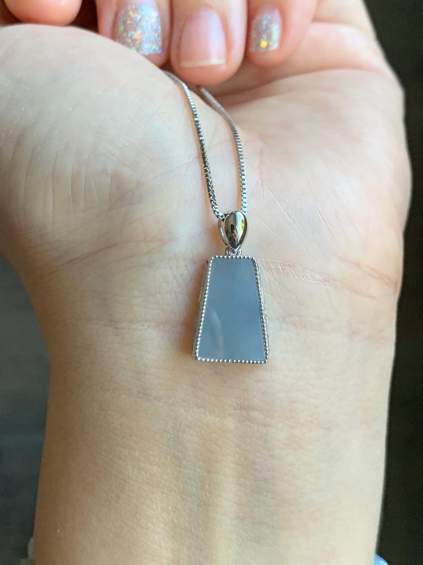 Certified Natural Burmese Icy Translucent Light Purplish Blue Jadeite Trapezoid Shaped Wu Shi Pai Pendant 18K White Gold 天然缅甸冰淡蓝紫翡翠梯形无事牌吊坠