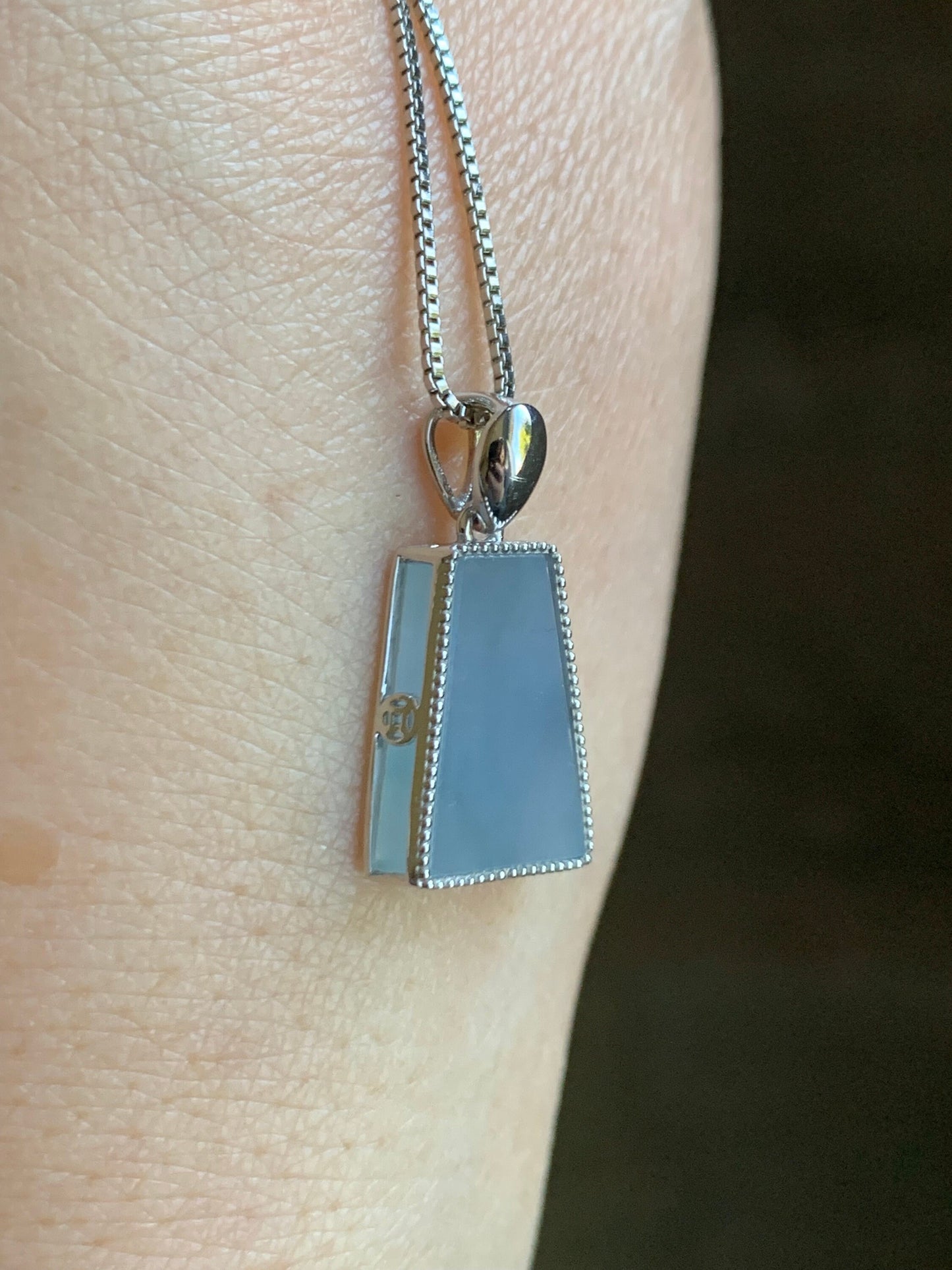 Certified Natural Burmese Icy Translucent Light Purplish Blue Jadeite Trapezoid Shaped Wu Shi Pai Pendant 18K White Gold 天然缅甸冰淡蓝紫翡翠梯形无事牌吊坠