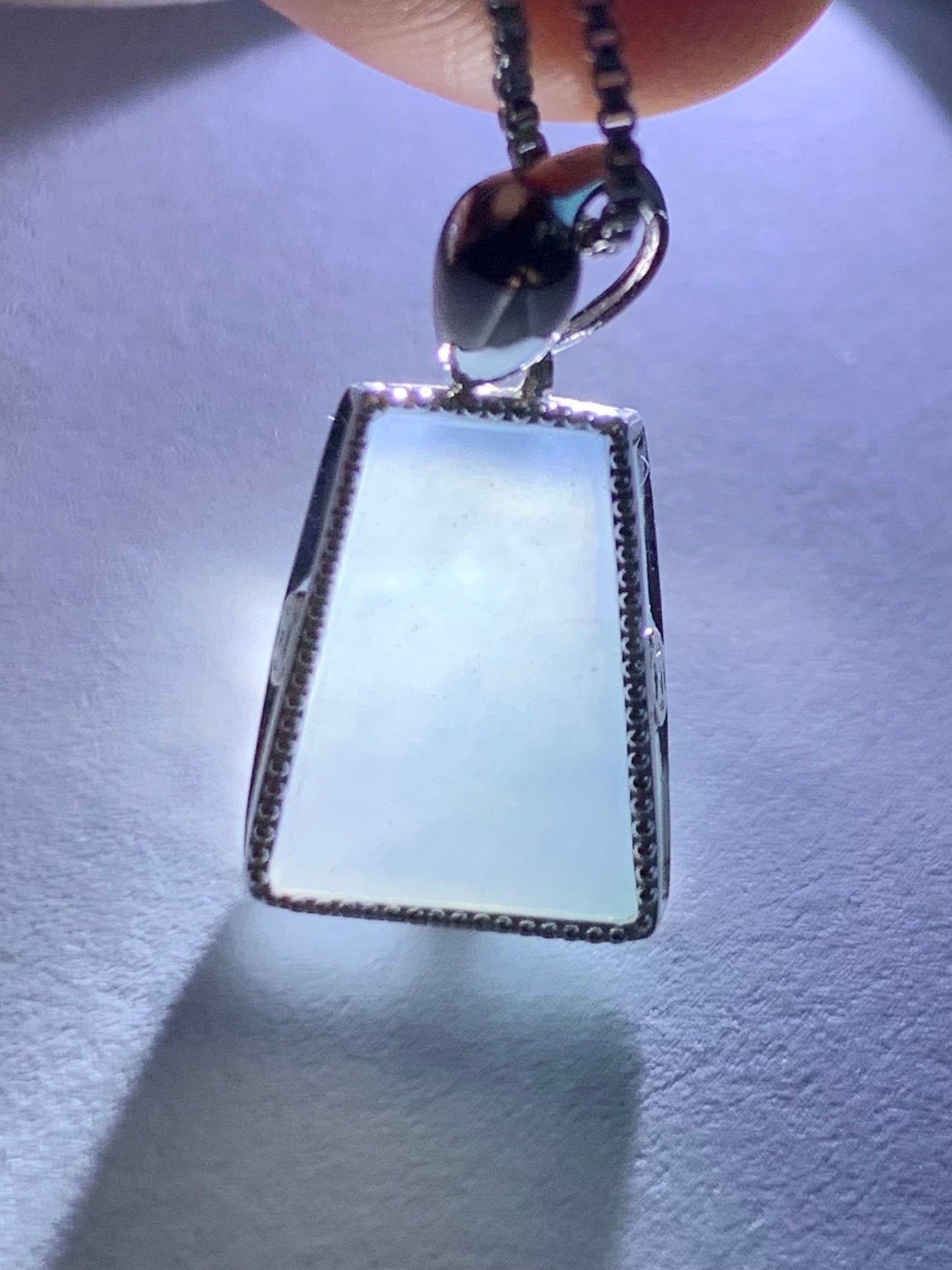Certified Natural Burmese Icy Translucent Light Purplish Blue Jadeite Trapezoid Shaped Wu Shi Pai Pendant 18K White Gold 天然缅甸冰淡蓝紫翡翠梯形无事牌吊坠