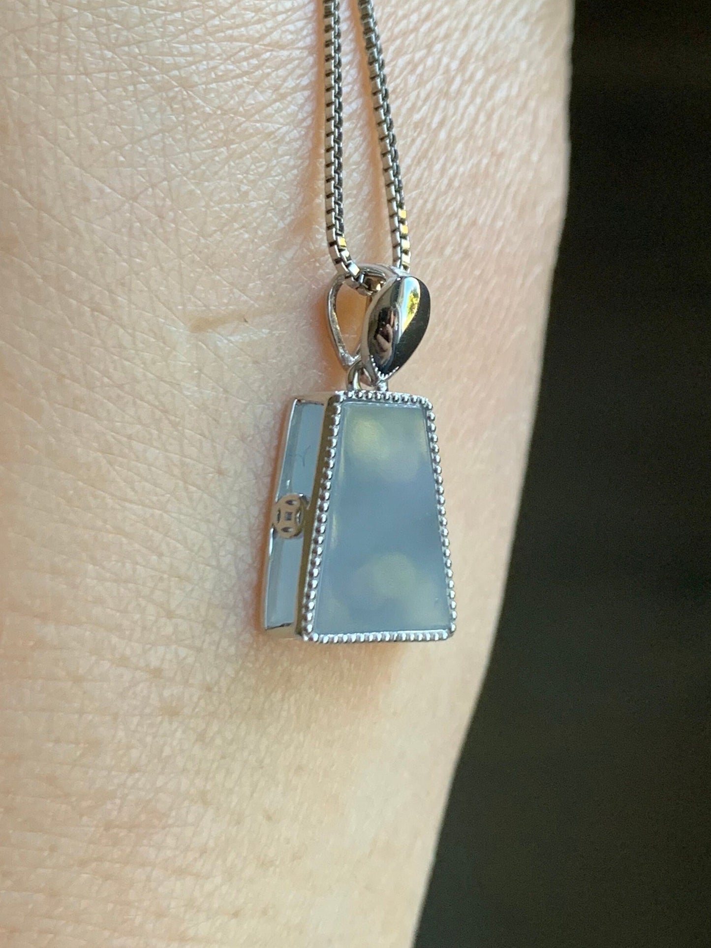 Certified Natural Burmese Icy Translucent Light Purplish Blue Jadeite Trapezoid Shaped Wu Shi Pai Pendant 18K White Gold 天然缅甸冰淡蓝紫翡翠梯形无事牌吊坠