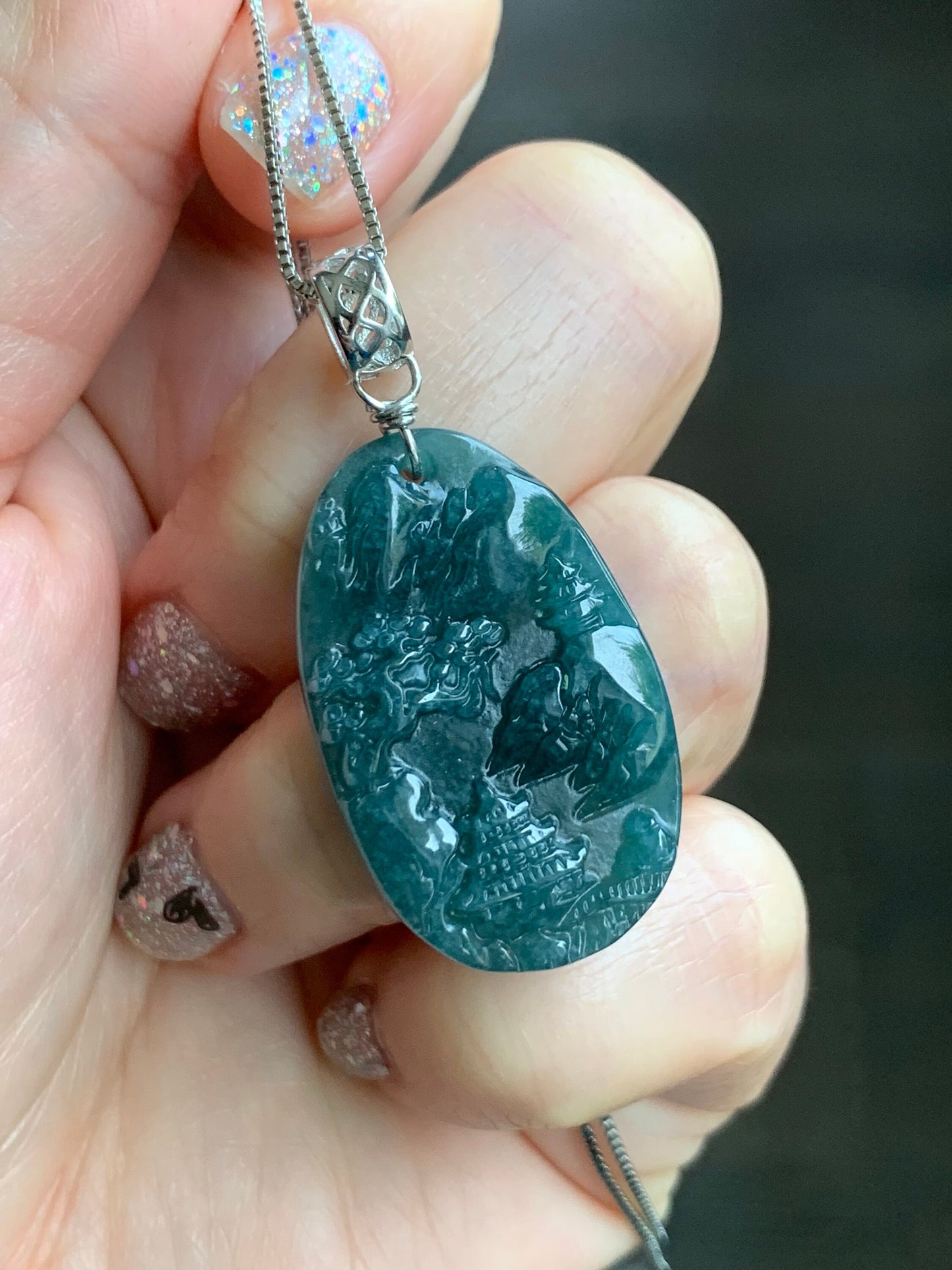 Natural Guatemalan Dark Teal Blue Jadeite Carved Shan Shui Pai Landscape Tag Pendant Sterling Silver 天然冰危深蓝水翡翠山水牌吊坠 B