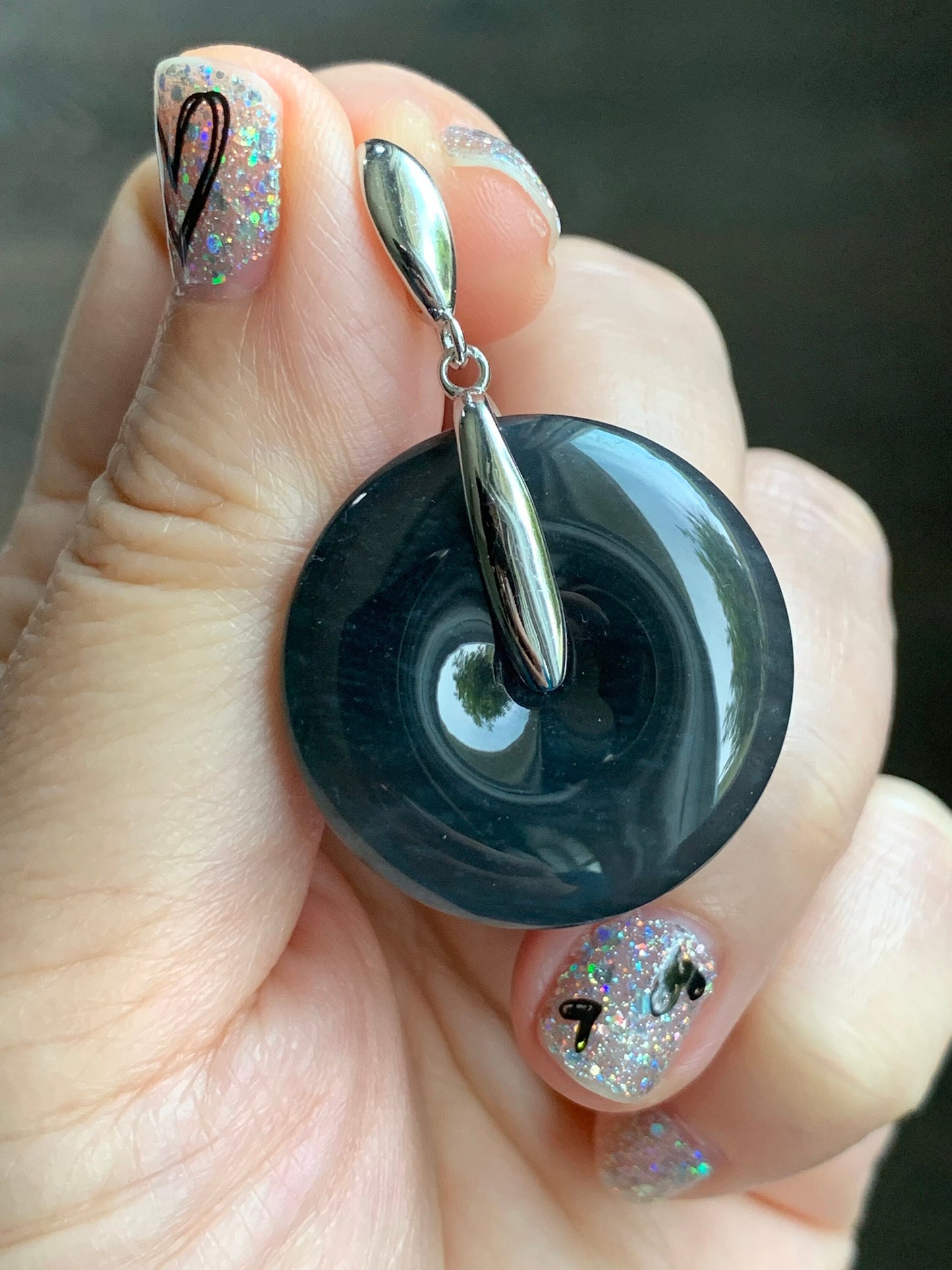 Certified Natural Guatemalan Premium Icy Translucent Dark Blue Wuji Jadeite Ping An Kou Donut Pendant Sterling Silver 天然老种冰危深蓝乌鸡翡翠平安扣吊坠 3280