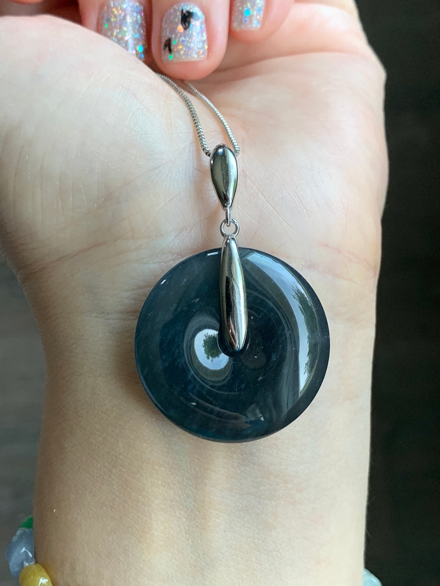 Certified Natural Guatemalan Premium Icy Translucent Dark Blue Wuji Jadeite Ping An Kou Donut Pendant Sterling Silver 天然老种冰危深蓝乌鸡翡翠平安扣吊坠 3280