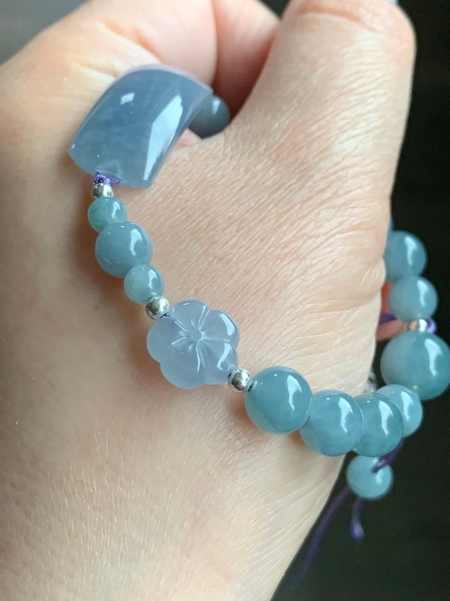 Certified Natural Guatemalan Icy Highly Translucent Purplish Blue Jadeite & Dusty Blue Jadeite Beaded Bracelet 6.75” 16g 天然冰透危蓝紫翡翠手牌蓝水珠手串