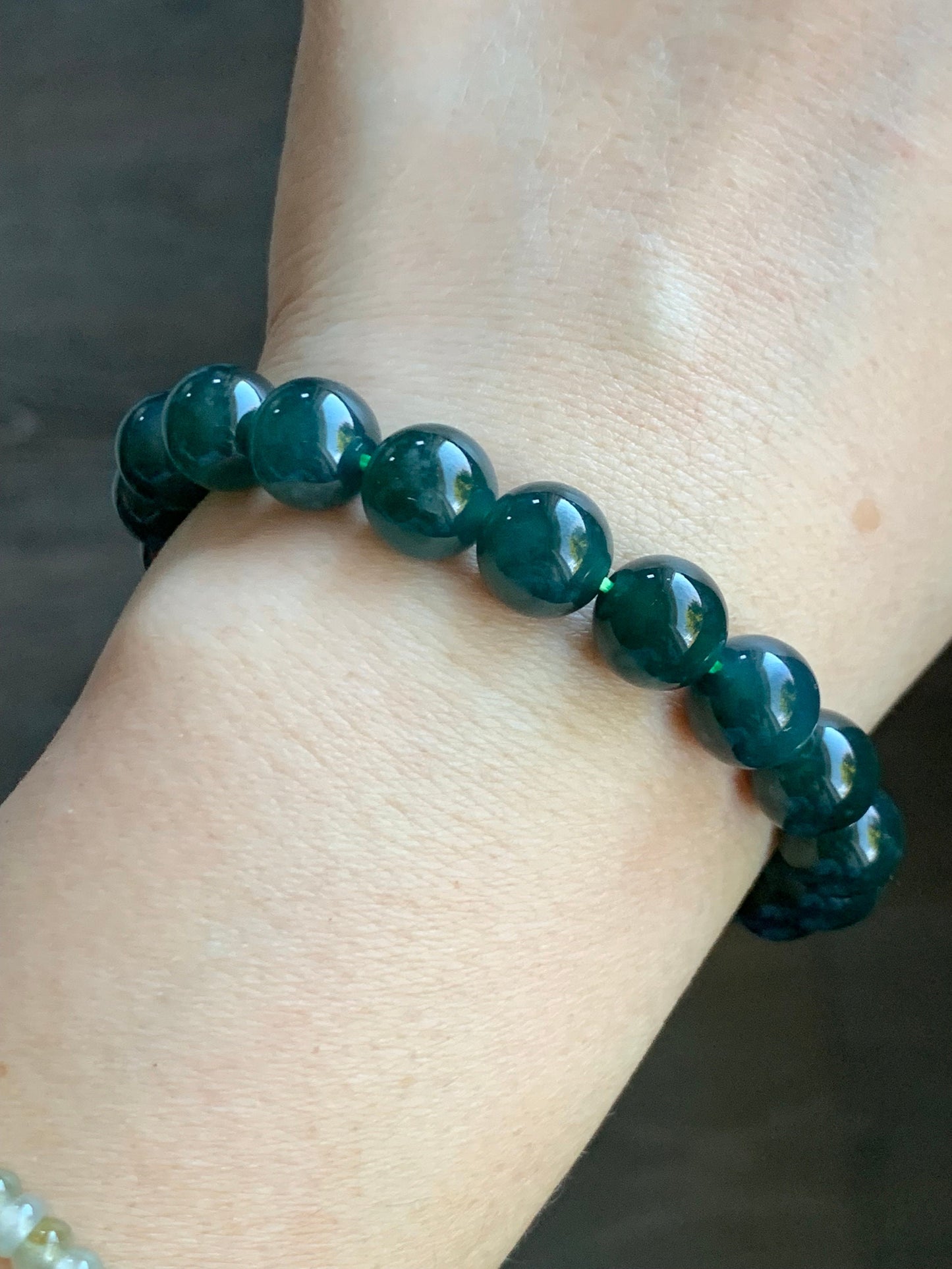 Natural Guatemalan Grade A Icy Translucent Deep Teal Blue Jadeite Beaded Bracelet Stretchy 9.5mm 6.75" 31g 天然冰危深蓝绿翡翠大卡手串 SWL315
