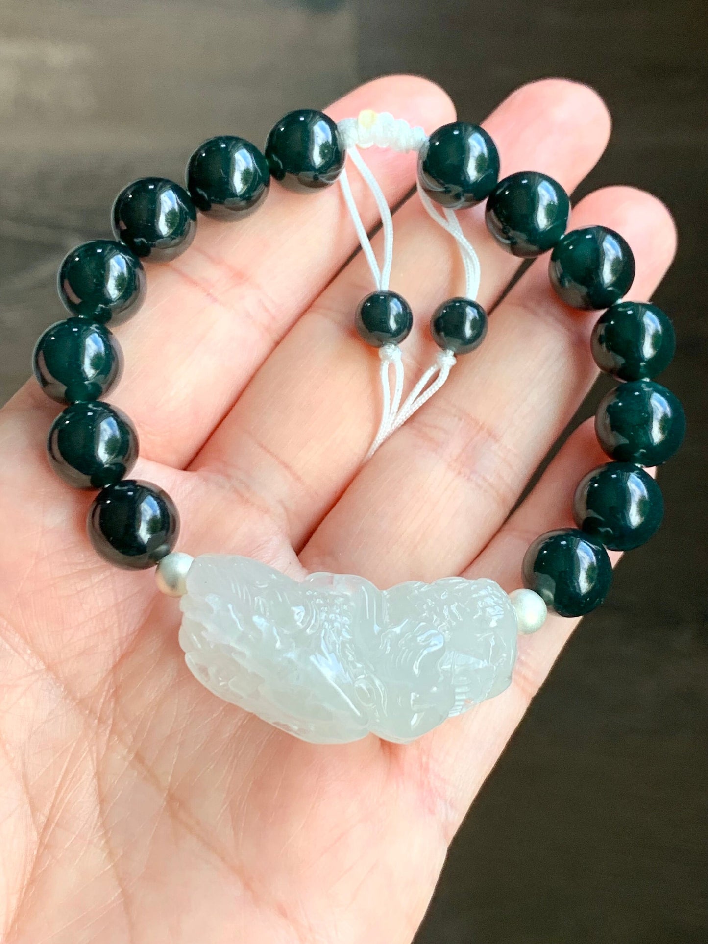 Certified Natural Burmese Icy Translucent Gelatinous Jadeite Dragon Cuff Dark Teal Green Beads Beaded Bracelet 7.25” 40g 天然缅甸冰胶翡翠龙牌手牌深危绿手串