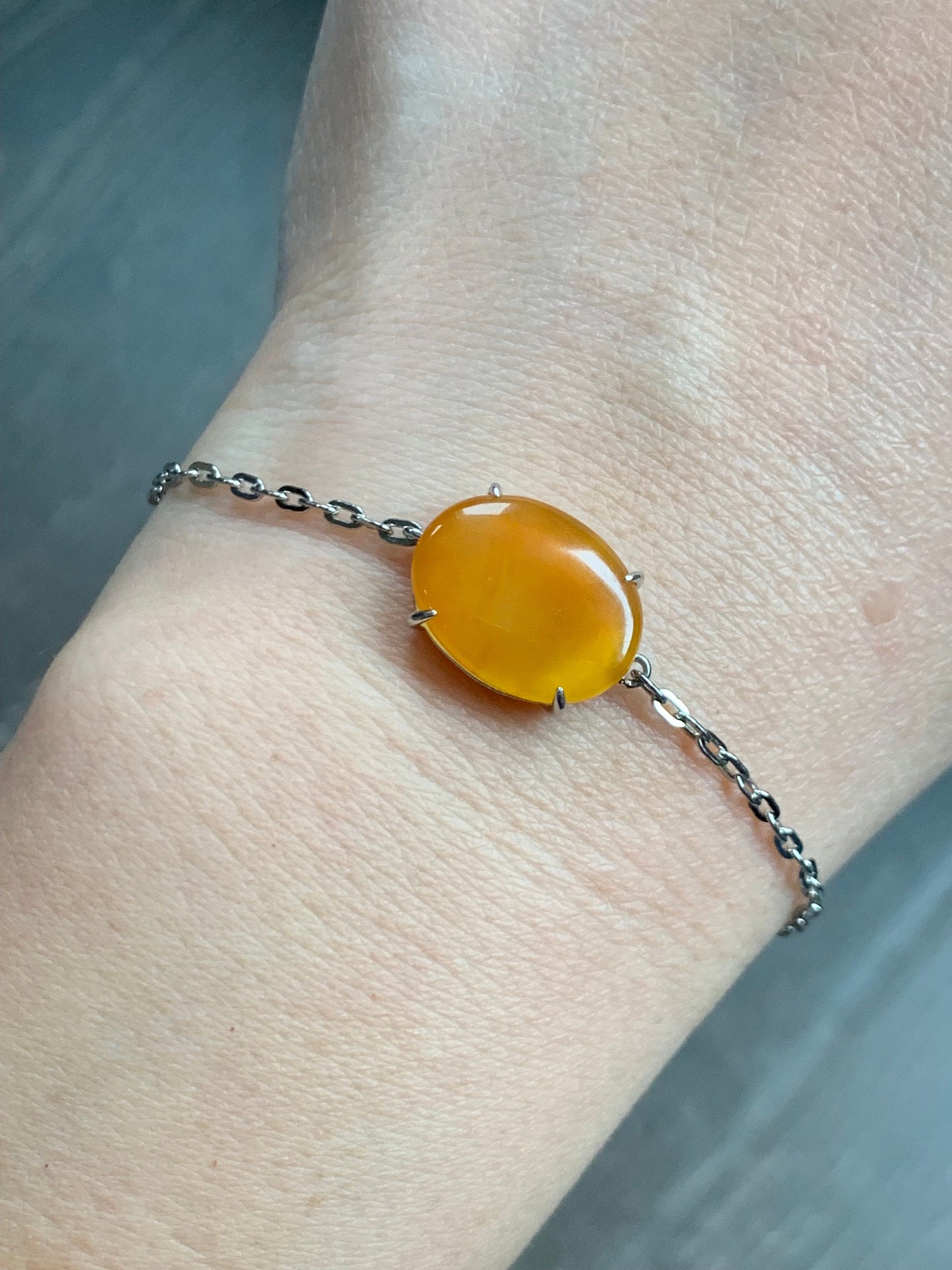 Natural Fossilized Tree Bark Resin Honeybee Wax Oval Canochon Sterling Silver Cable Chain Bracelet Adjustable 6.5”-8” 天然蜜蜡椭圆银镶手链