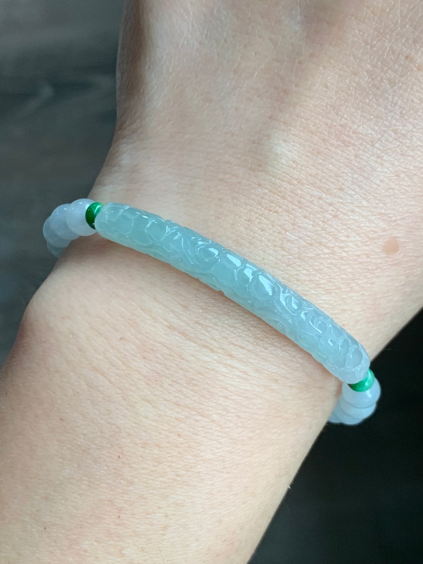 Natural Burmese Icy Translucent Light Blue Jadeite Engraved Slim Cuff Icy White Jadeite Beaded Bracelet 6" 12g 天然缅甸冰淡蓝翡翠仿古雕细手牌白冰翡翠圆珠手串