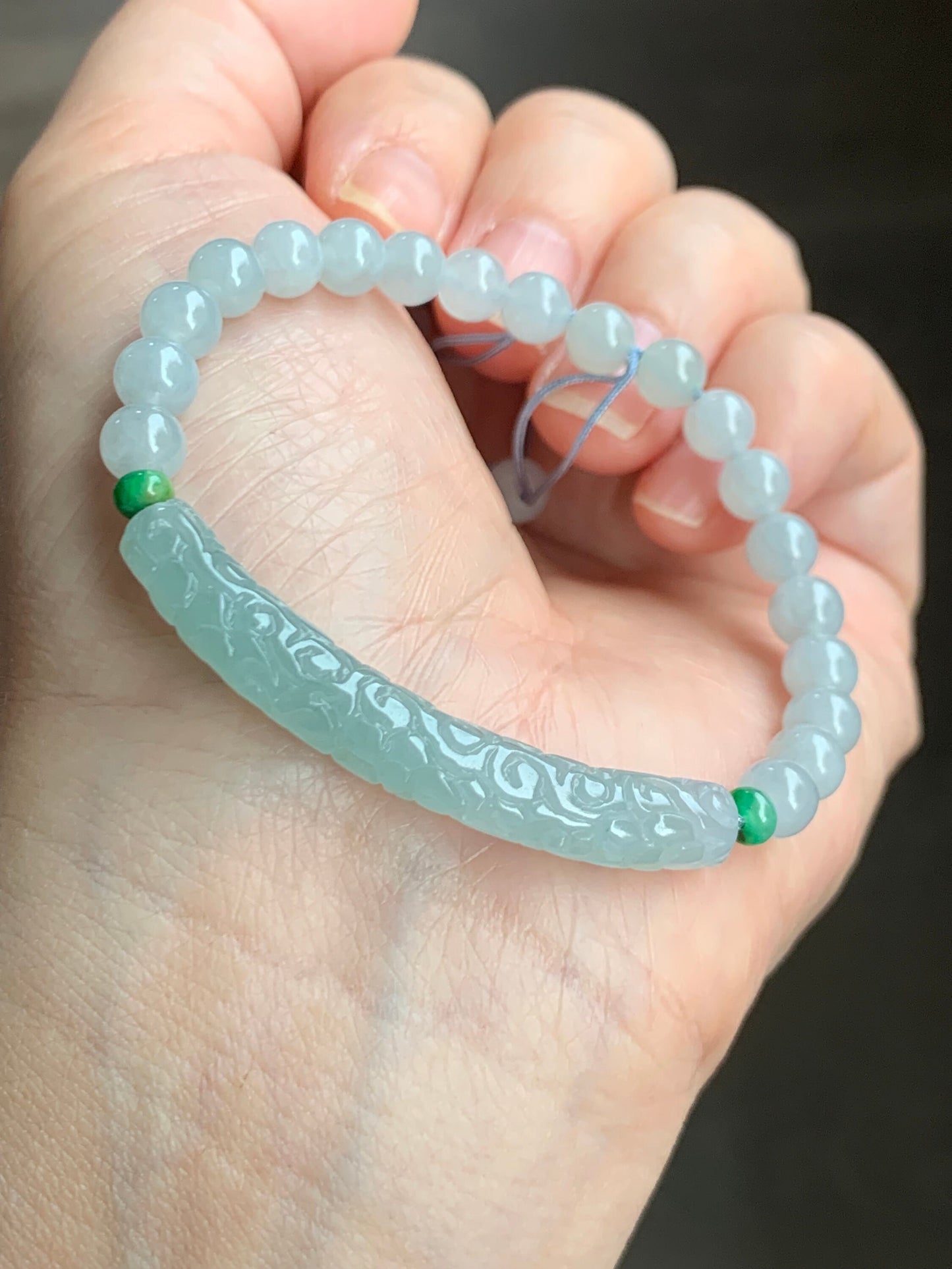 Natural Burmese Icy Translucent Light Blue Jadeite Engraved Slim Cuff Icy White Jadeite Beaded Bracelet 6" 12g 天然缅甸冰淡蓝翡翠仿古雕细手牌白冰翡翠圆珠手串