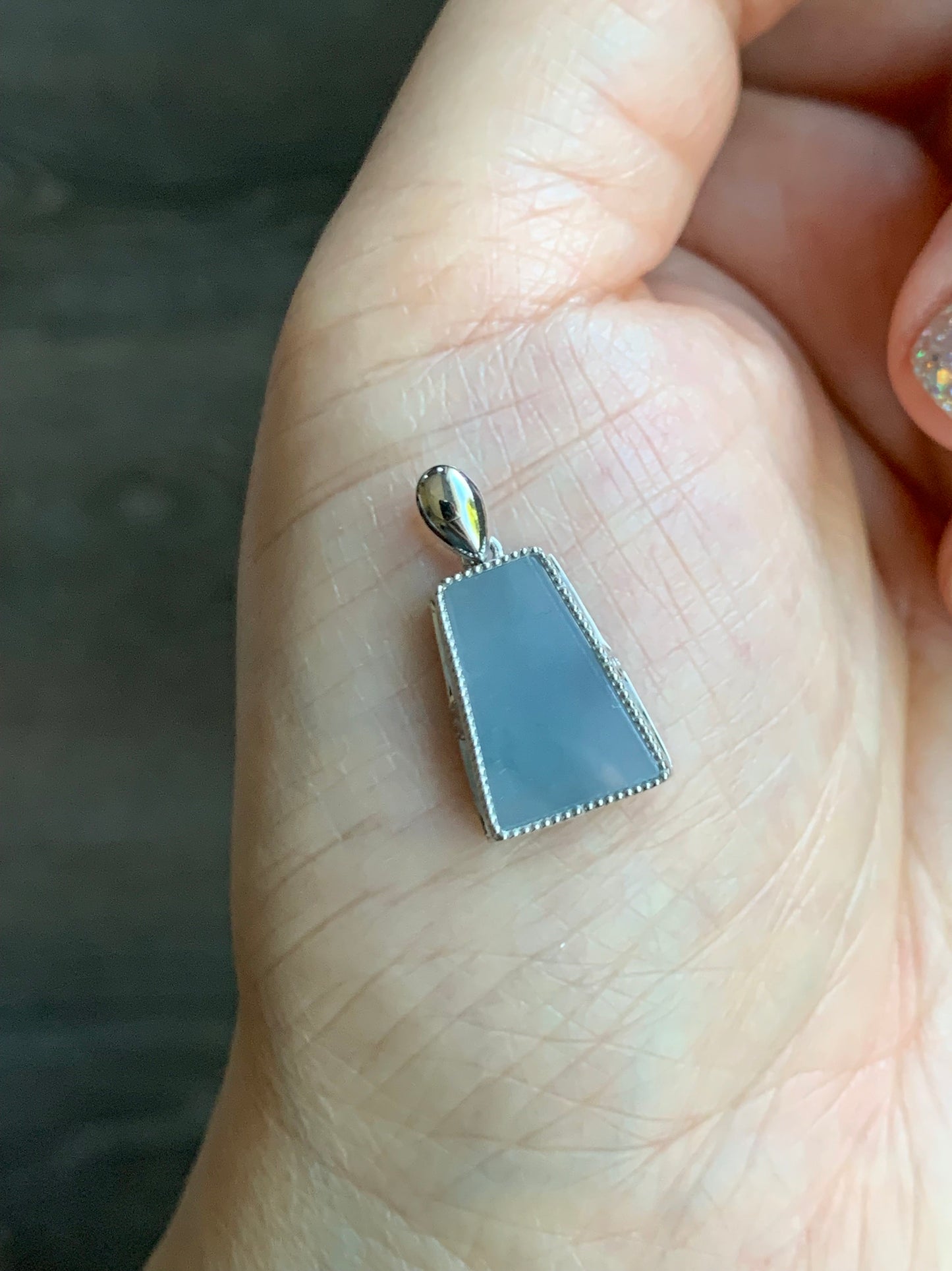 Certified Natural Burmese Icy Translucent Light Purplish Blue Jadeite Trapezoid Shaped Wu Shi Pai Pendant 18K White Gold 天然缅甸冰淡蓝紫翡翠梯形无事牌吊坠