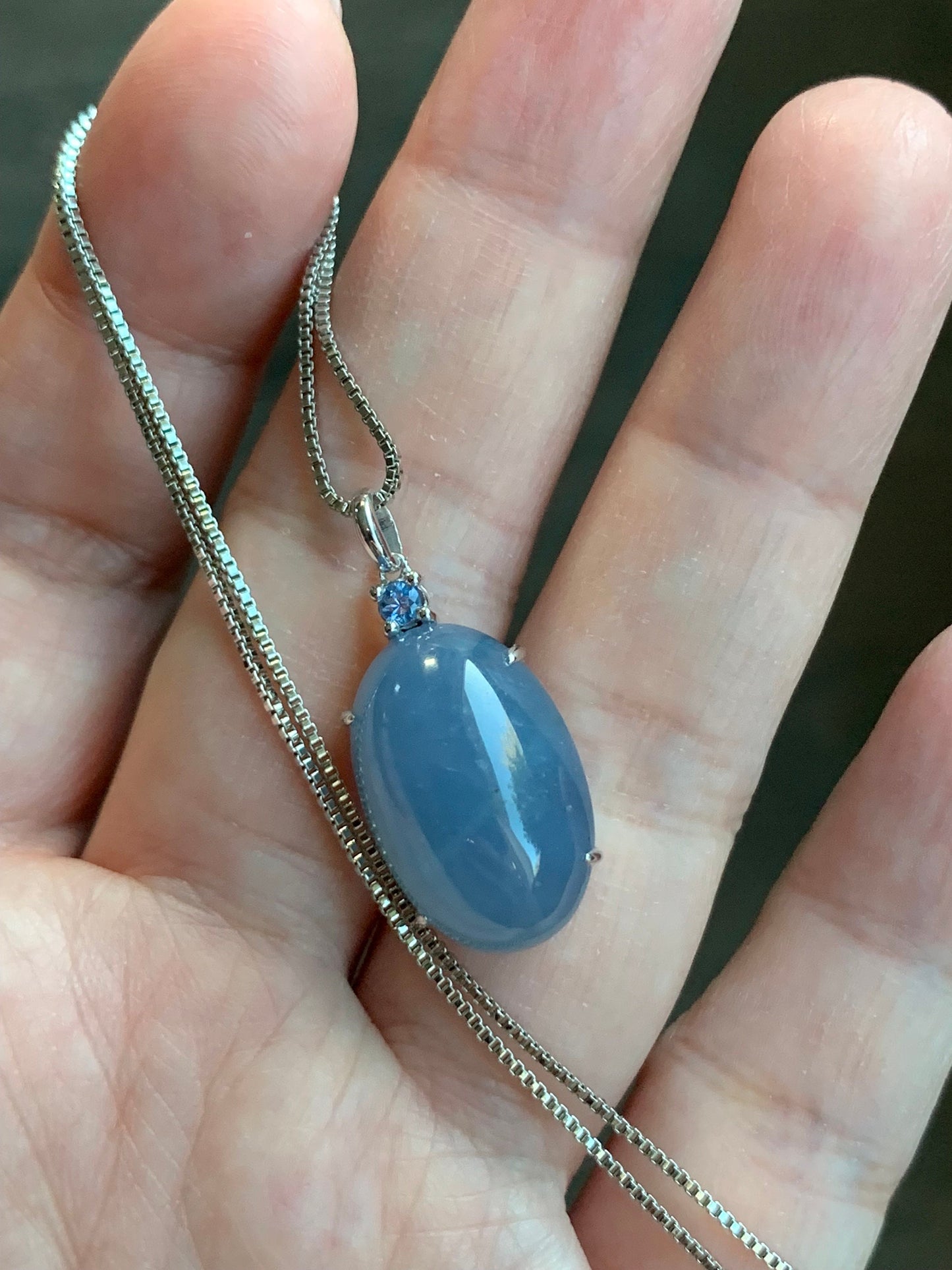 Certified Natural Guatemalan Icy Translucent Rich Purplish Blue Jadeite Large Pendant 18K White Gold & Blue Sapphire 天然冰危蓝紫翡翠蛋面蓝宝石镶嵌吊坠 7053