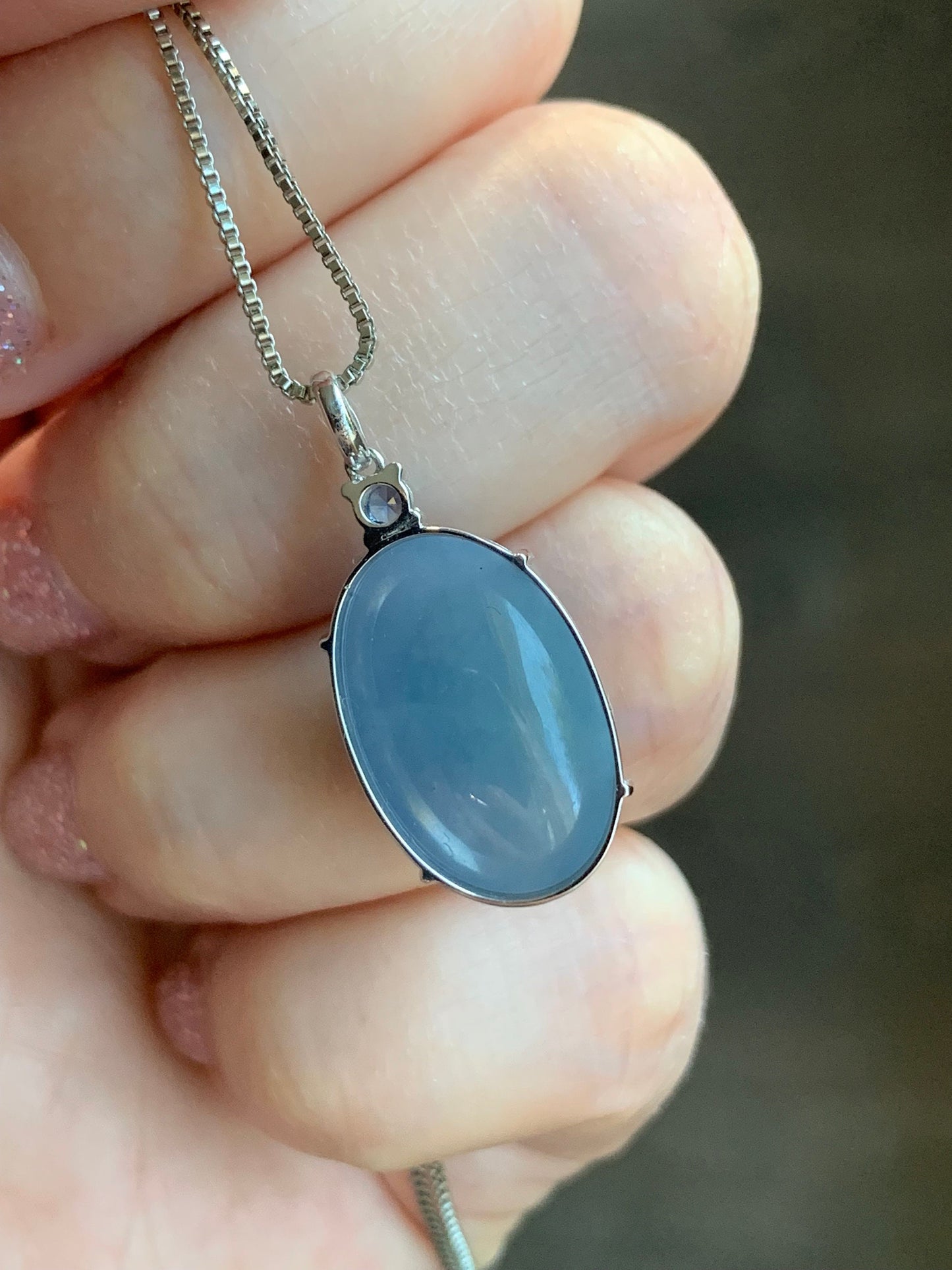 Certified Natural Guatemalan Icy Translucent Rich Purplish Blue Jadeite Large Pendant 18K White Gold & Blue Sapphire 天然冰危蓝紫翡翠蛋面蓝宝石镶嵌吊坠 7053
