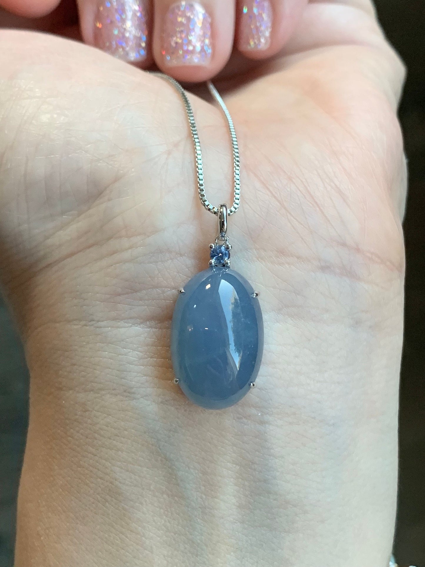 Certified Natural Guatemalan Icy Translucent Rich Purplish Blue Jadeite Large Pendant 18K White Gold & Blue Sapphire 天然冰危蓝紫翡翠蛋面蓝宝石镶嵌吊坠 7053