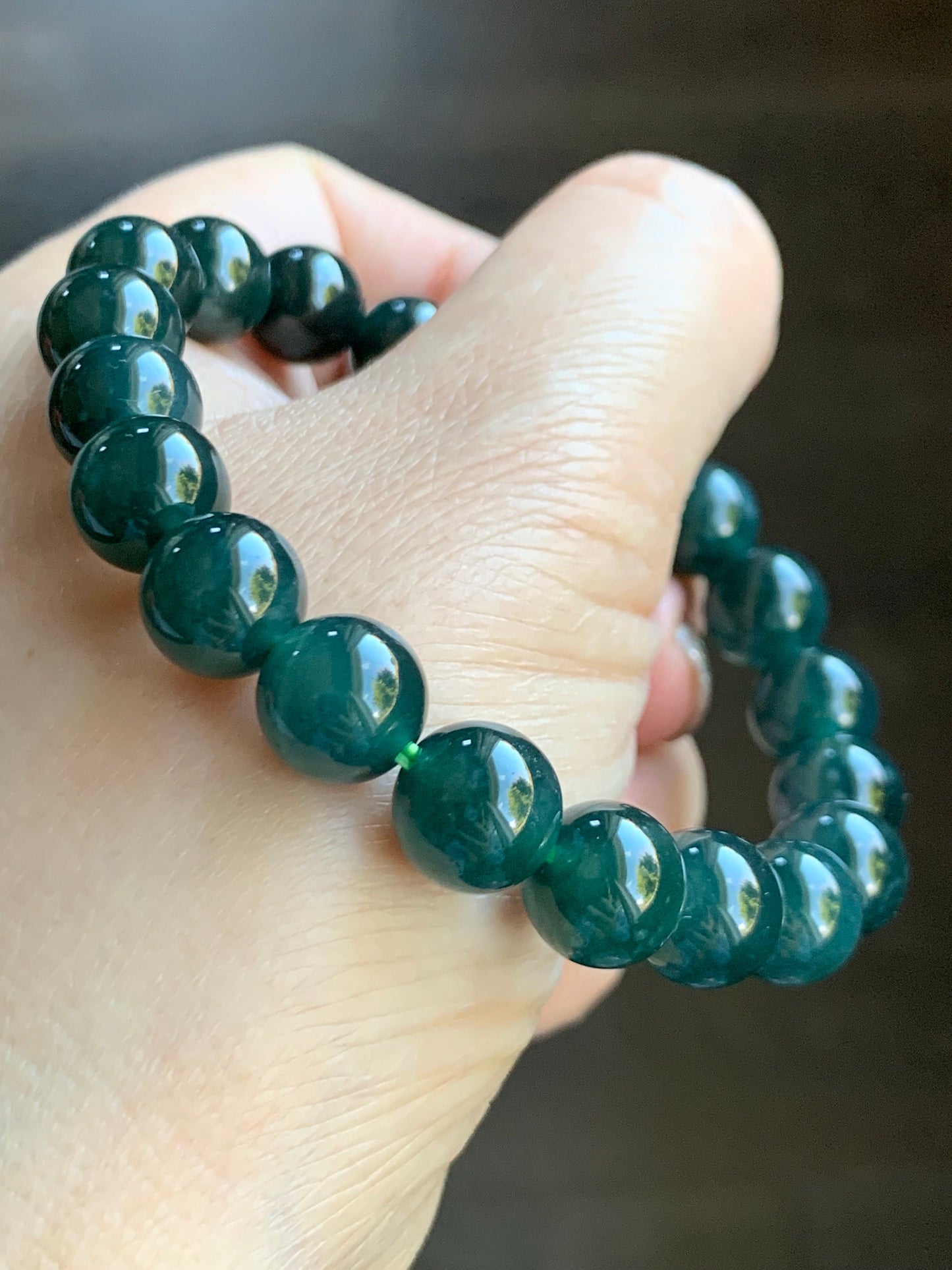Natural Guatemalan Grade A Icy Translucent Deep Teal Blue Jadeite Beaded Bracelet Stretchy 9.5mm 6.75" 31g 天然冰危深蓝绿翡翠大卡手串 SWL315
