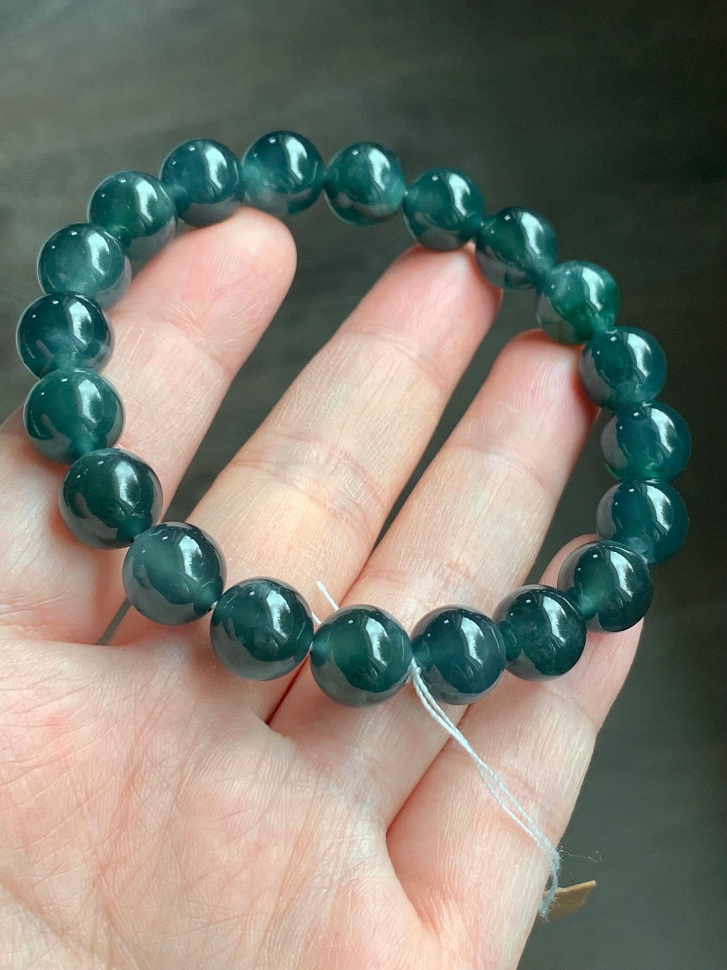 Certified Natural Guatemalan Icy Highly Translucent Dark Indigo Blue Jadeite Beaded Bracelet 10mm 7.5” 35.6g 天然老种冰危深蓝翡翠圆珠手串 7086