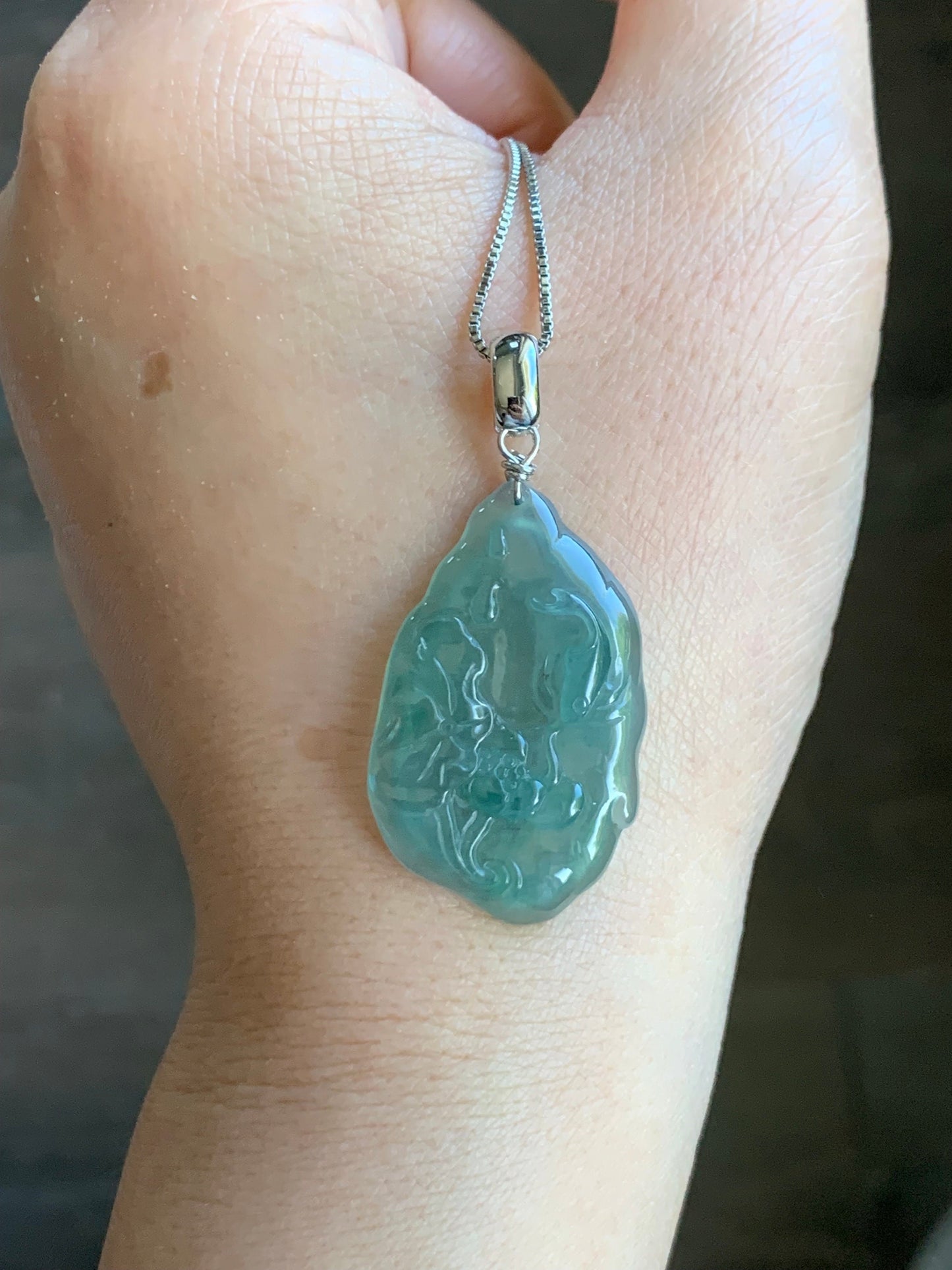 Natural Guatemalan Premium Icy Highly Translucent Light Teal Green Jadeite Lotus Flower & Fish Pendant Sterling Silver 天然高冰危晴色翡翠荷花鱼吊坠