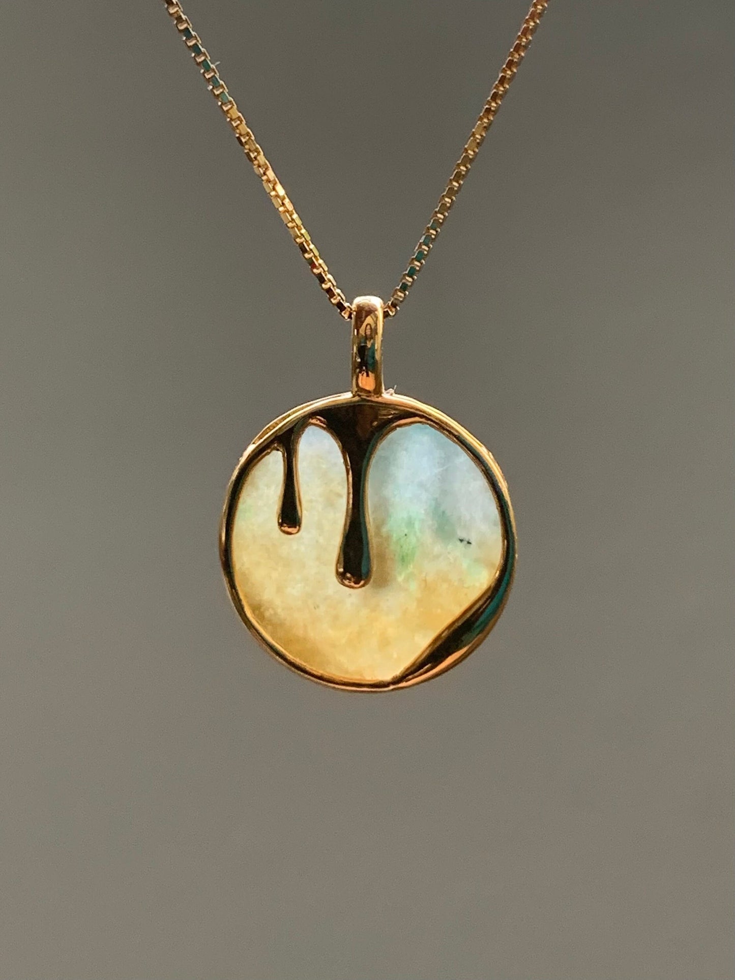 Certified Natural Burmese Icy Translucent Yellow & Green Jadeite Wu Shi Pai Coin Pendant 18K Yellow Gold 天然缅甸冰黄加绿翡翠无事牌镶嵌吊坠 7062