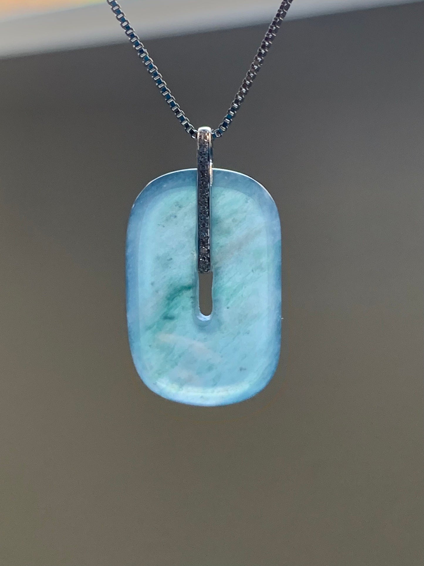 Certified Natural Guatemalan Icy Highly Translucent Blue Jadeite Ping An Kou Donut Pendant 18K White Gold & Diamond 天然高冰危深蓝翡翠平安扣镶嵌吊坠 7051