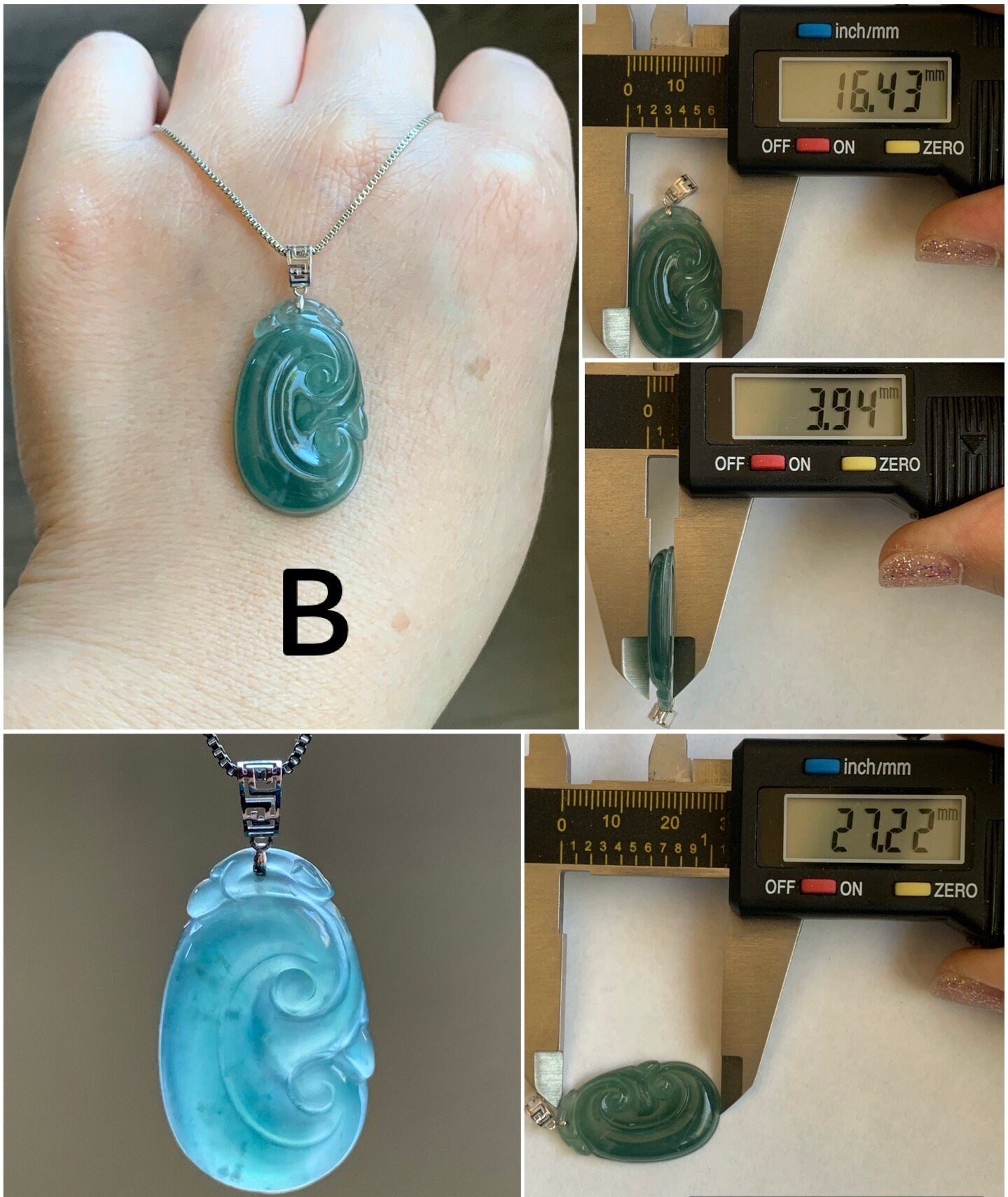 Natural Guatemalan Icy Translucent Teal Blue Jadeite Carved Ruyi Pendant 18K White Gold Bail 天然冰危蓝水翡翠如意镶嵌吊坠
