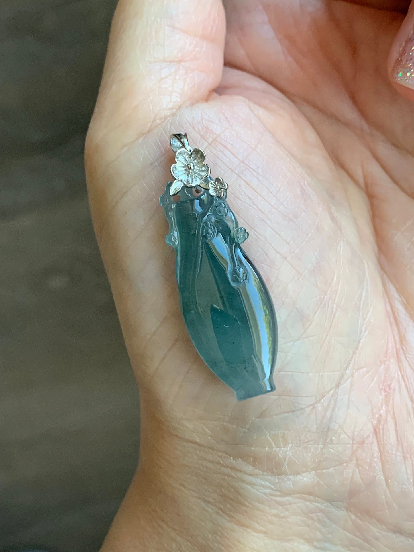 Natural Guatemalan Icy Translucent Gelatinous Teal Blue Jadeite Flower Vase Pendant Sterling Silver Cherry Blossom Bail 天然冰胶危蓝翡翠仿古雕宝瓶梅花扣头吊坠