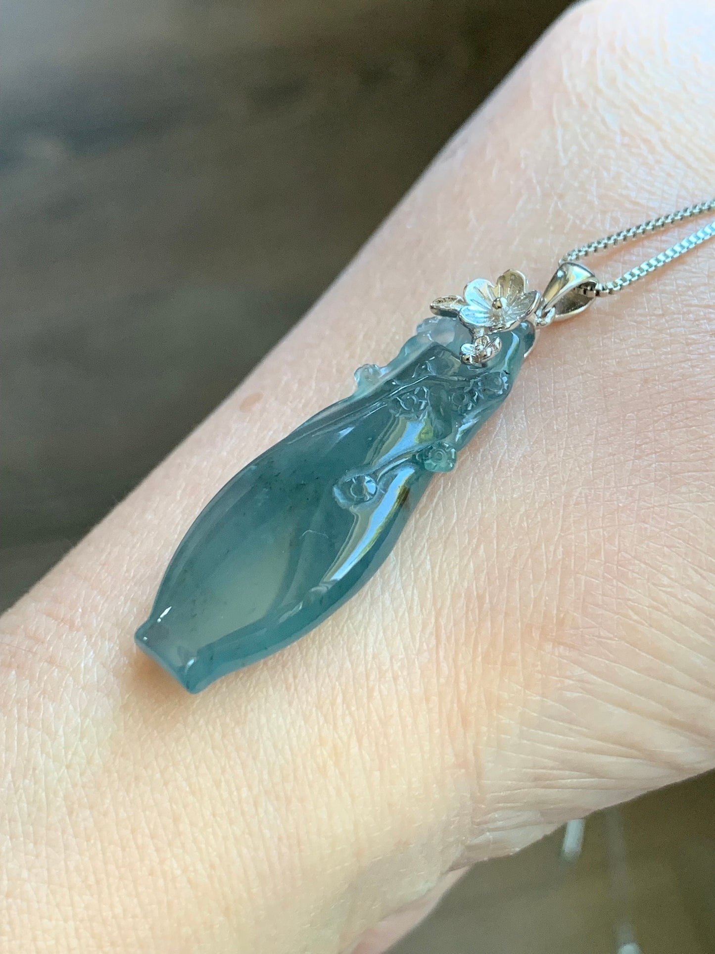 Natural Guatemalan Icy Translucent Gelatinous Teal Blue Jadeite Flower Vase Pendant Sterling Silver Cherry Blossom Bail 天然冰胶危蓝翡翠仿古雕宝瓶梅花扣头吊坠