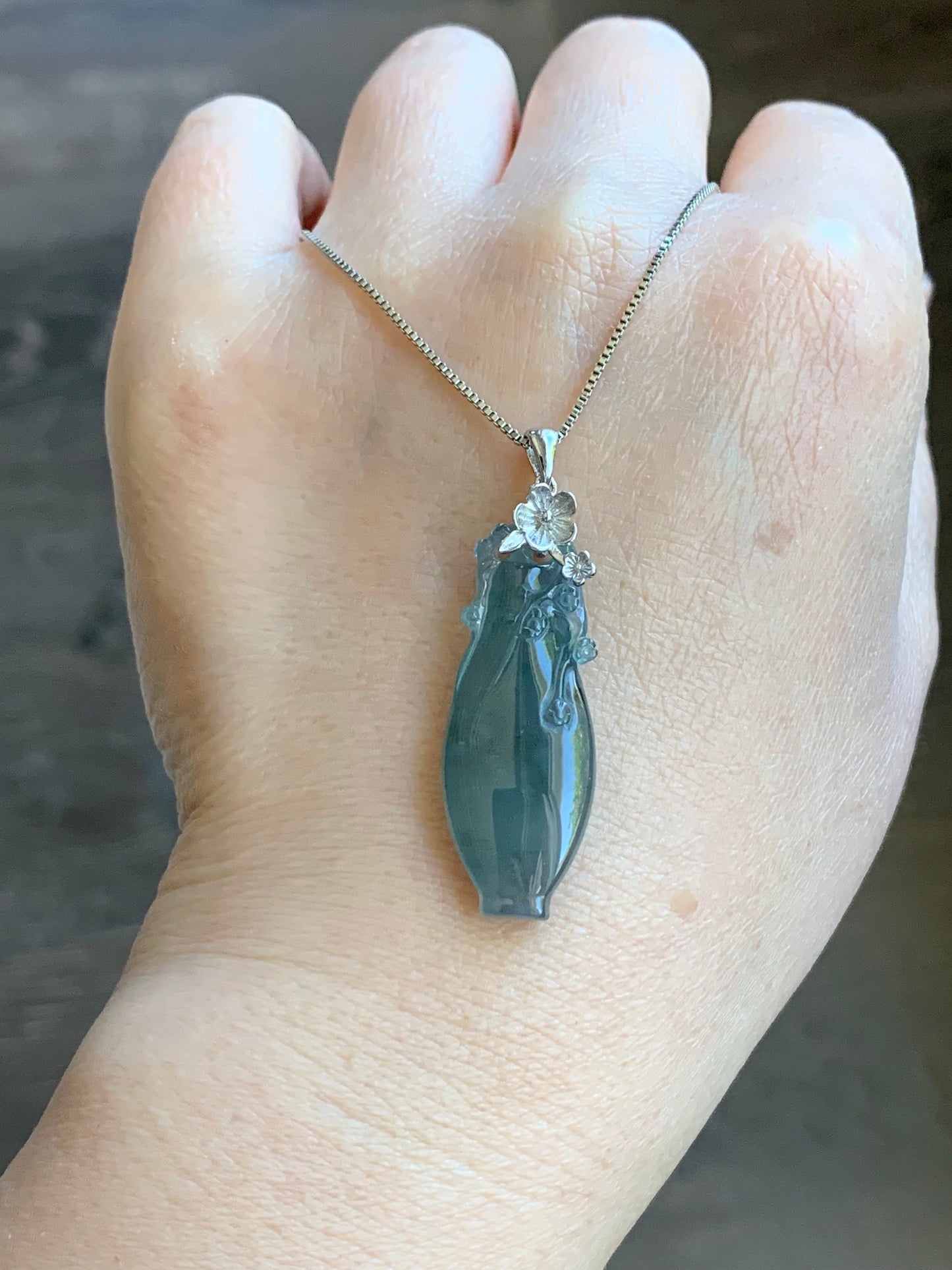Natural Guatemalan Icy Translucent Gelatinous Teal Blue Jadeite Flower Vase Pendant Sterling Silver Cherry Blossom Bail 天然冰胶危蓝翡翠仿古雕宝瓶梅花扣头吊坠