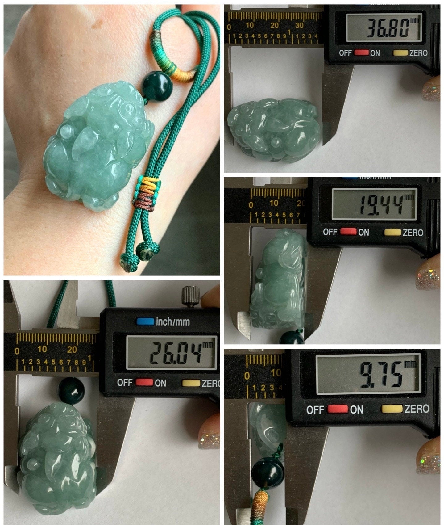 Large Natural Burmese Icy Translucent Light Green Jadeite Pixiu Pendant Rope Necklace 30" Adjustable 36g 天然缅甸冰晴绿翡翠貔貅吊坠