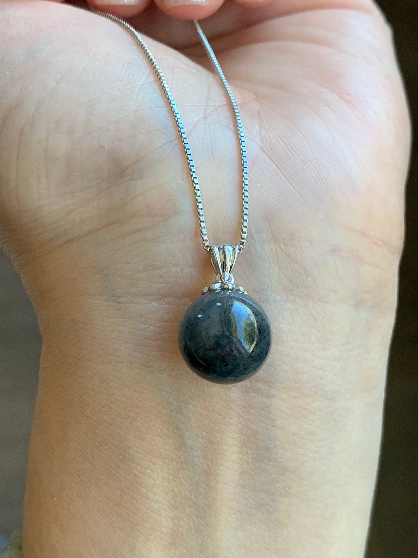Certified Natural Burmese Grade A Icy Translucent Gelatinous Dark Wuji Jadeite Sphere Bead Pendant 18K White Gold Bail 天然缅甸冰胶翡翠单珠镶嵌吊坠 7048