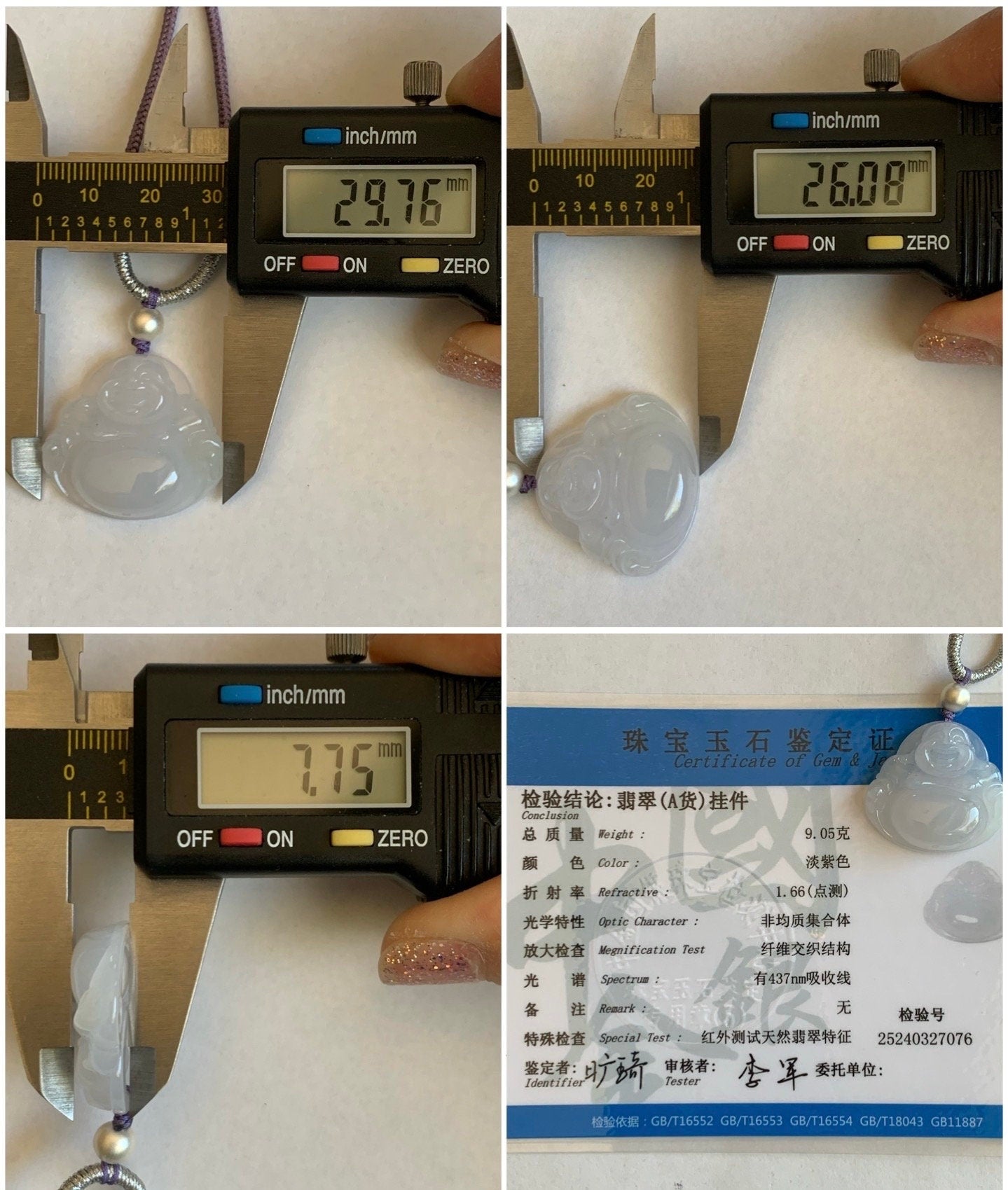 Certified Natural Burmese Icy Translucent Pale Purple Jadeite Buddha Pendant Rope Necklace Sterling Silver 23” 天然缅甸冰淡紫底翡翠佛公吊坠 7076