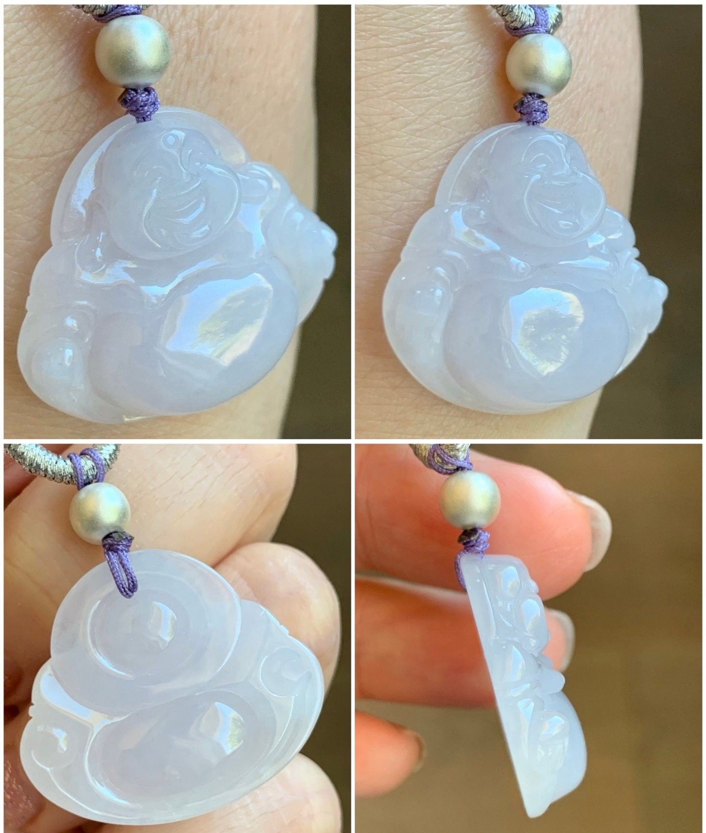 Certified Natural Burmese Icy Translucent Pale Purple Jadeite Buddha Pendant Rope Necklace Sterling Silver 26” 天然缅甸冰淡紫底翡翠佛公吊坠 7077