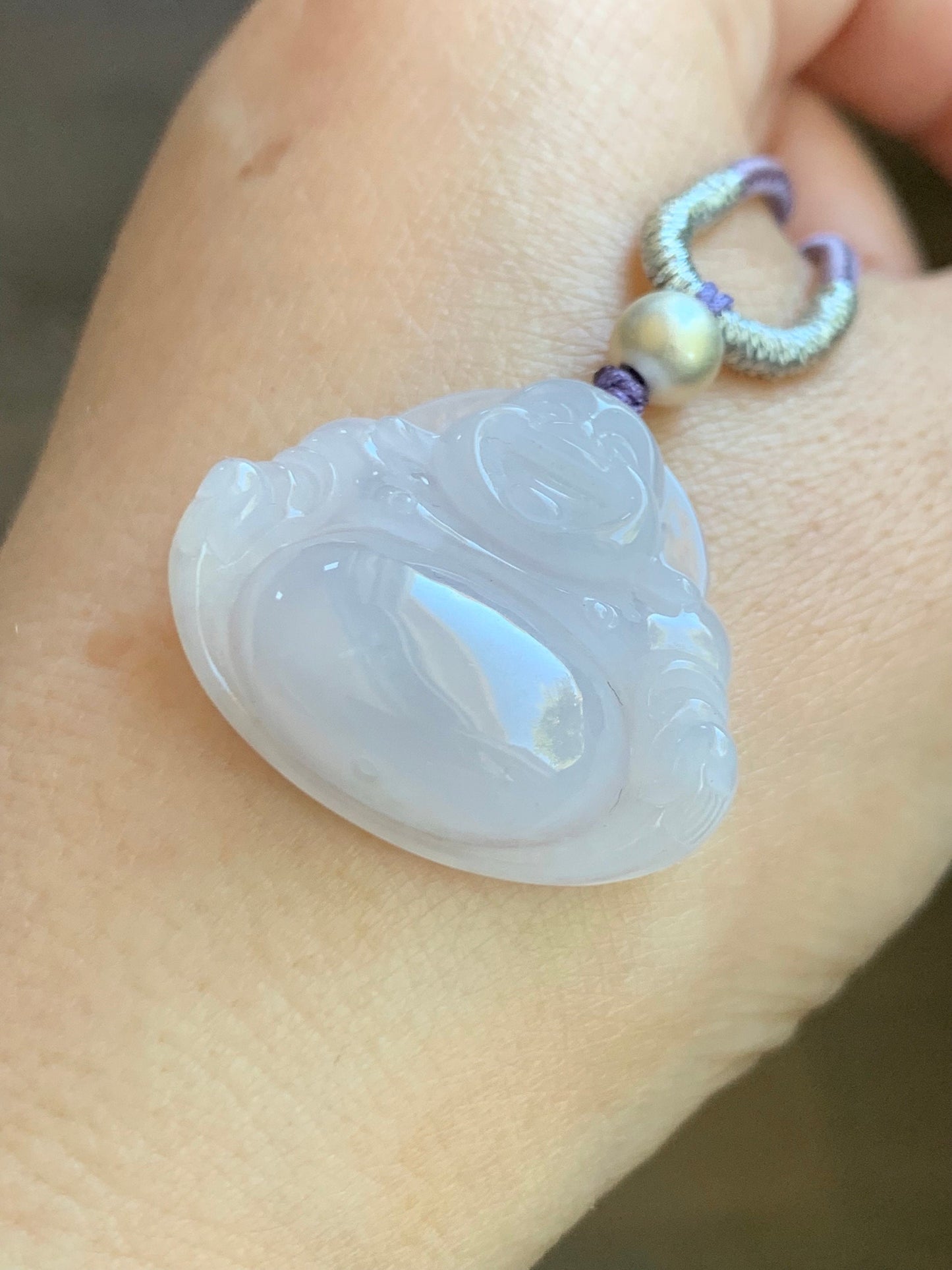 Certified Natural Burmese Icy Translucent Pale Purple Jadeite Buddha Pendant Rope Necklace Sterling Silver 26” 天然缅甸冰淡紫底翡翠佛公吊坠 7077