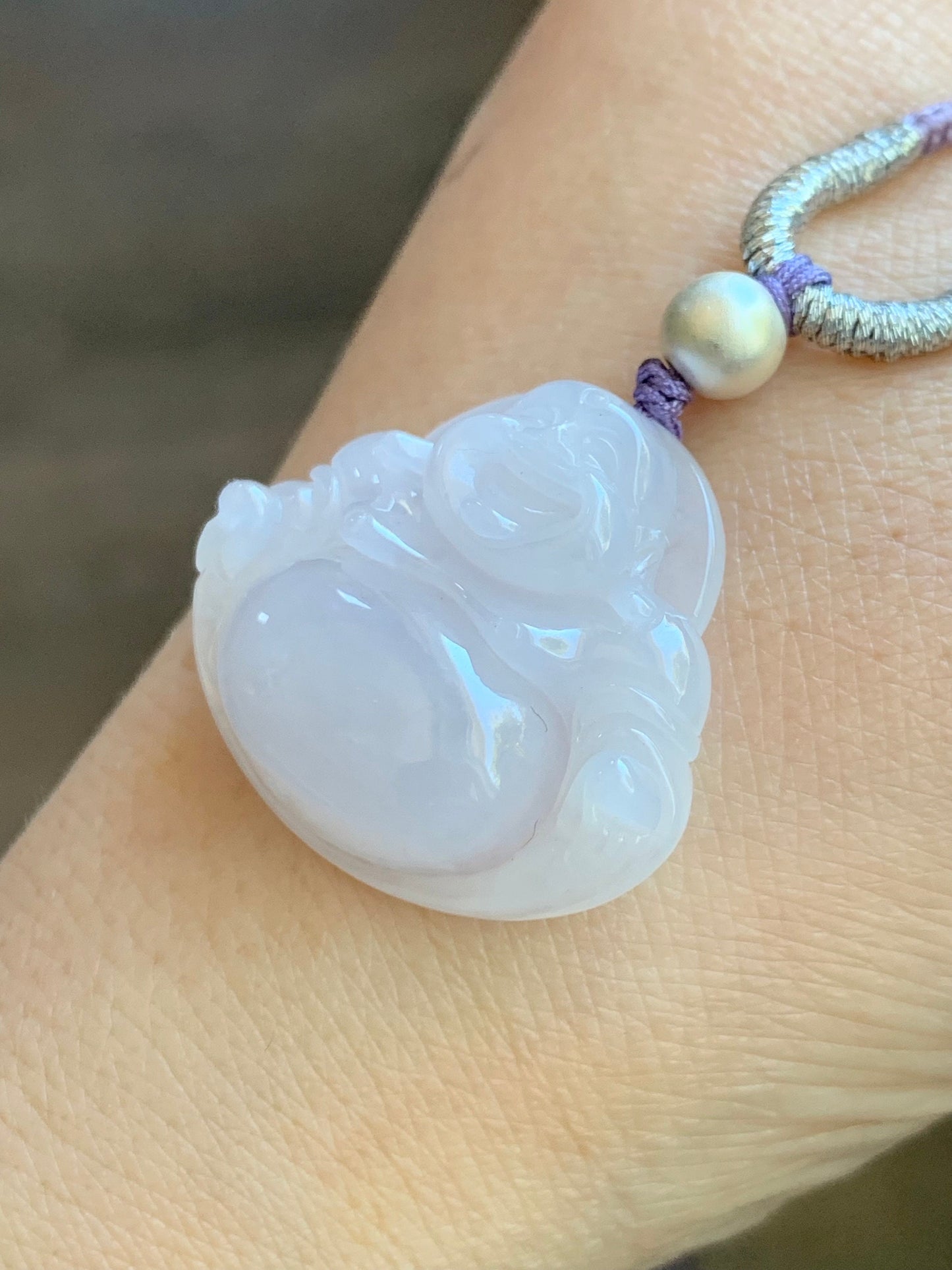 Certified Natural Burmese Icy Translucent Pale Purple Jadeite Buddha Pendant Rope Necklace Sterling Silver 26” 天然缅甸冰淡紫底翡翠佛公吊坠 7077