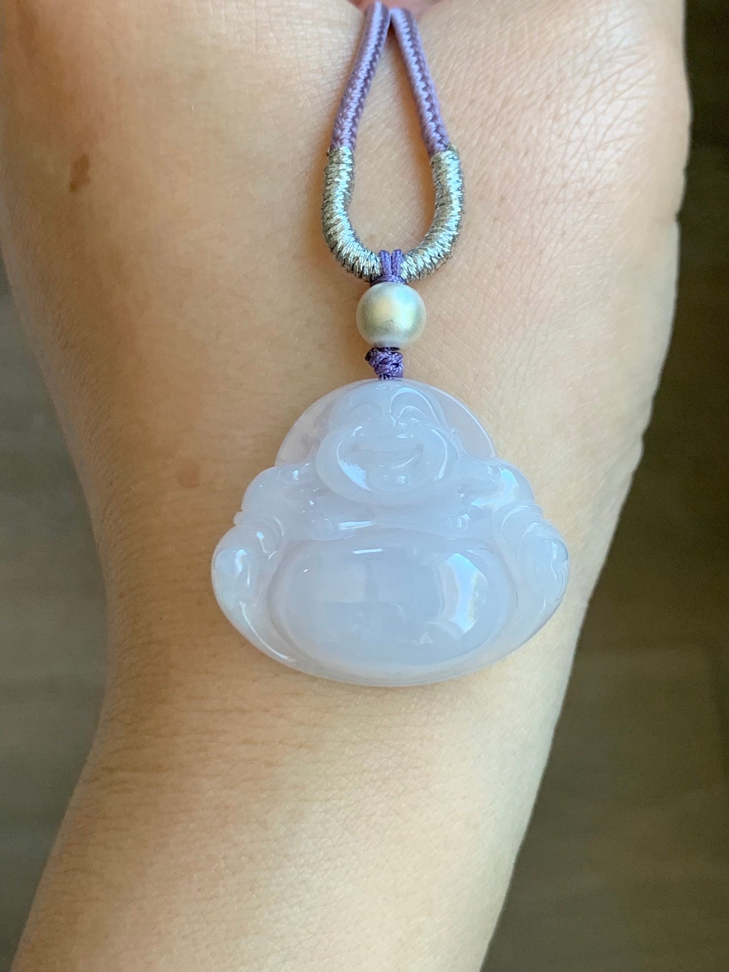 Certified Natural Burmese Icy Translucent Pale Purple Jadeite Buddha Pendant Rope Necklace Sterling Silver 26” 天然缅甸冰淡紫底翡翠佛公吊坠 7077