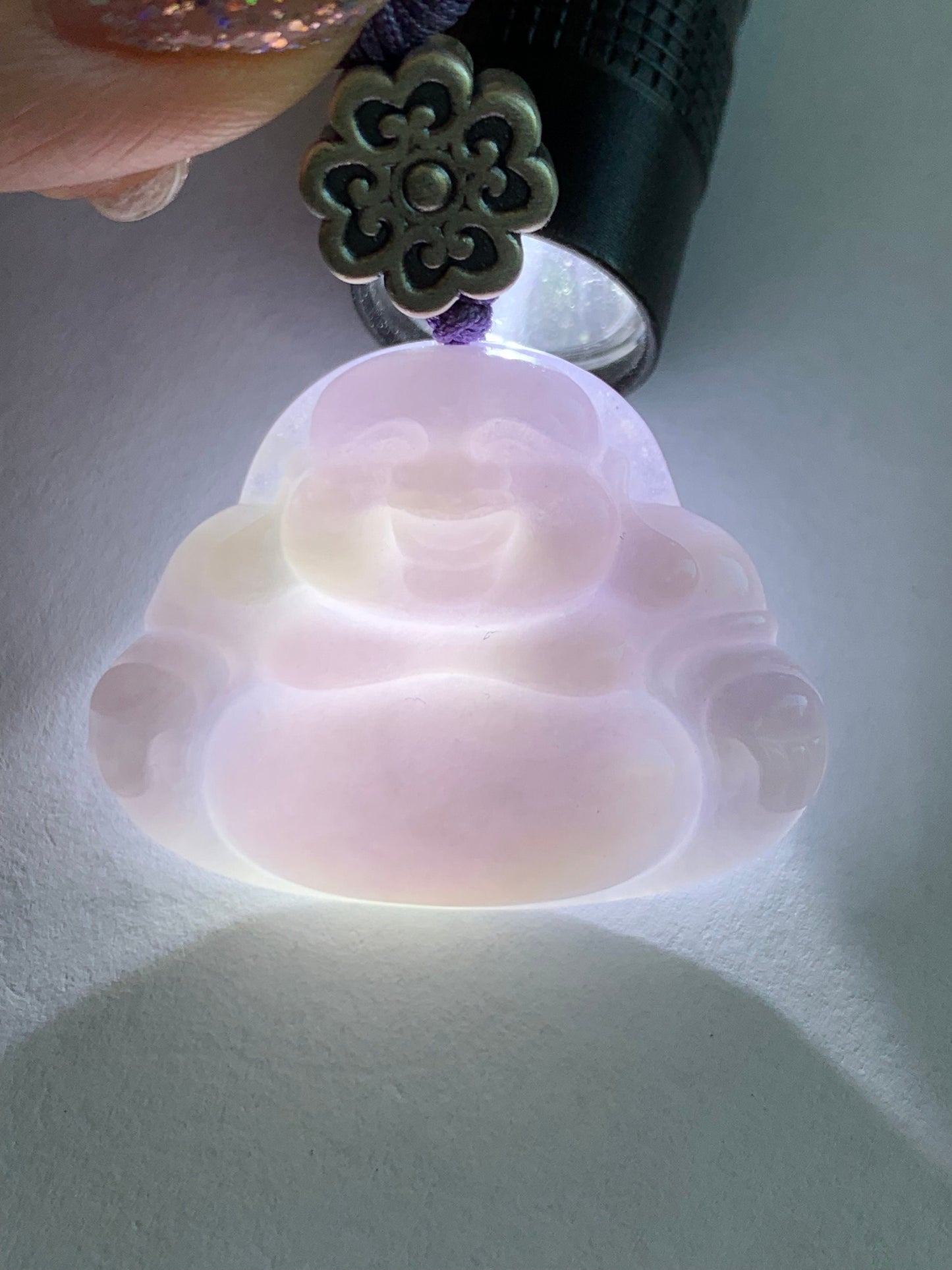Certified Natural Burmese Icy Translucent Light Purple Jadeite Buddha Pendant Rope Necklace Sterling Silver 30” 天然缅甸冰淡紫底翡翠佛公吊坠 7075
