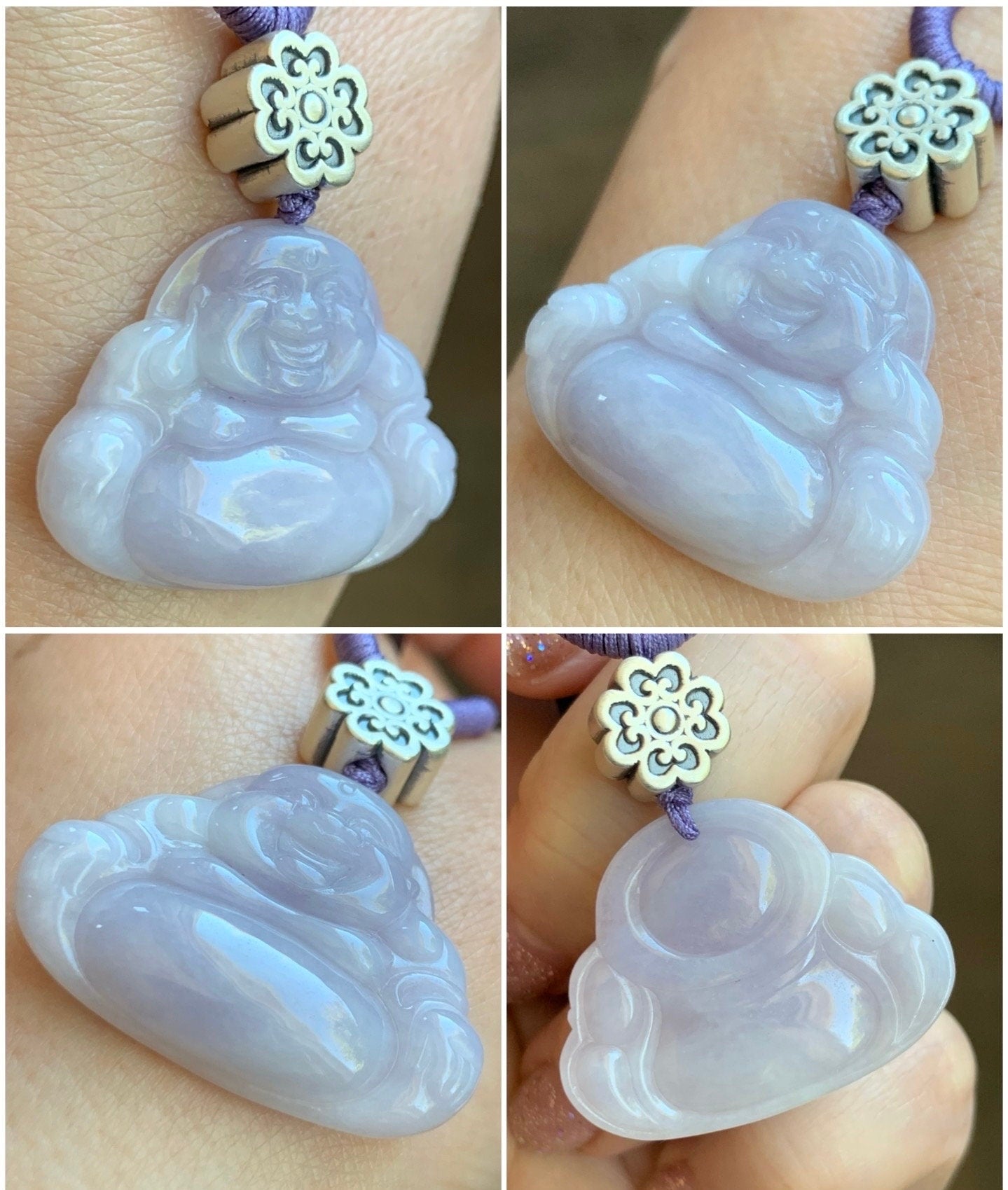 Certified Natural Burmese Icy Translucent Light Purple Jadeite Buddha Pendant Rope Necklace Sterling Silver 30” 天然缅甸冰淡紫底翡翠佛公吊坠 7075