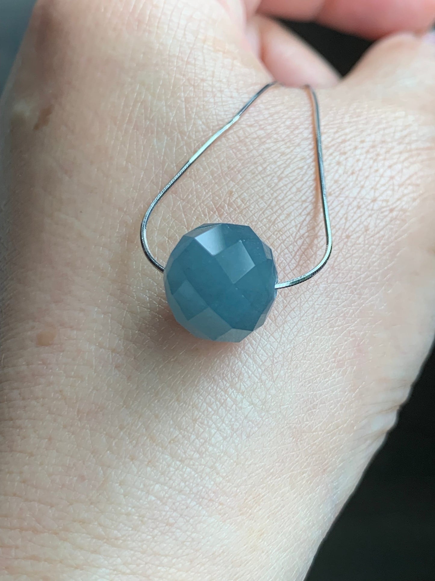 Natural Guatemalan Icy Translucent Light Dusty Blue Jadeite Faceted Drum Bead Pendant Sterling Silver Chain 17.5” adjustable 天然冰危淡蓝翡翠切割面鼓珠项链
