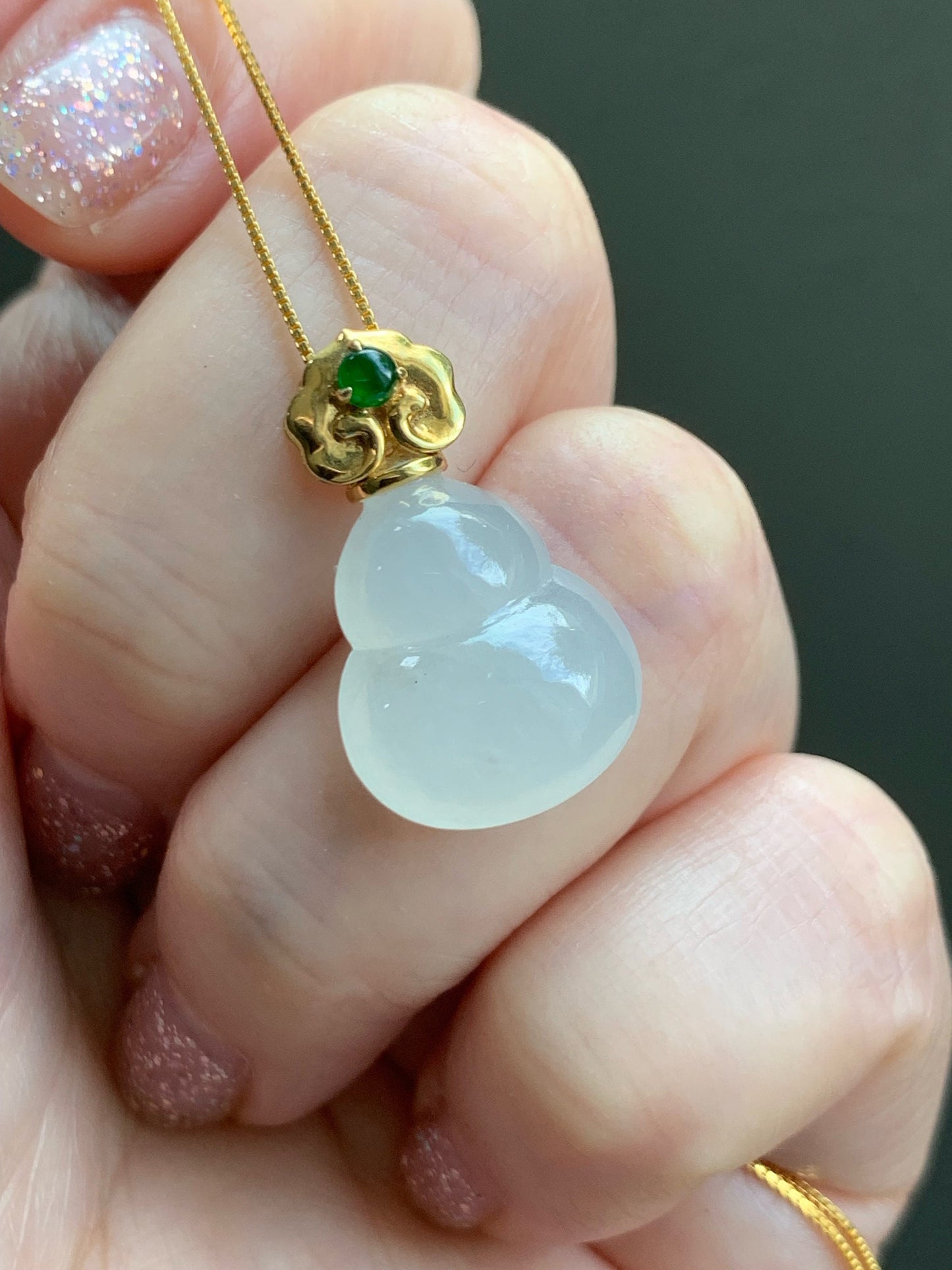 Certified Natural Burmese Icy Translucent Gelatinous White Jadeite Hulu Gourd Pendant Green Jadeite Ruyi Bail 18K Gold 天然缅甸老种起光翡翠葫芦镶嵌吊坠 7119
