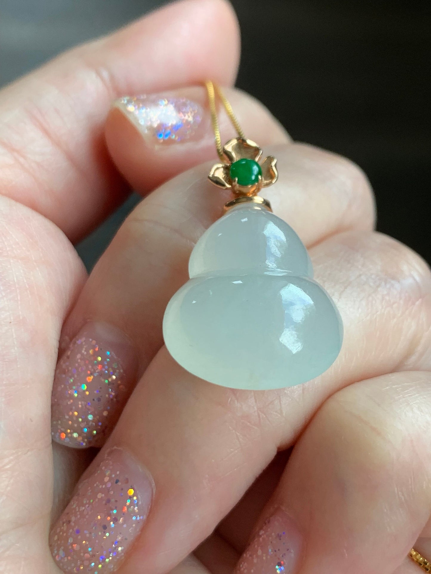 Certified Natural Burmese Icy Translucent Gelatinous White Jadeite Hulu Gourd Pendant Green Jadeite Floral Bail 18K R Gold 天然缅甸老种起光翡翠葫芦镶嵌吊坠
