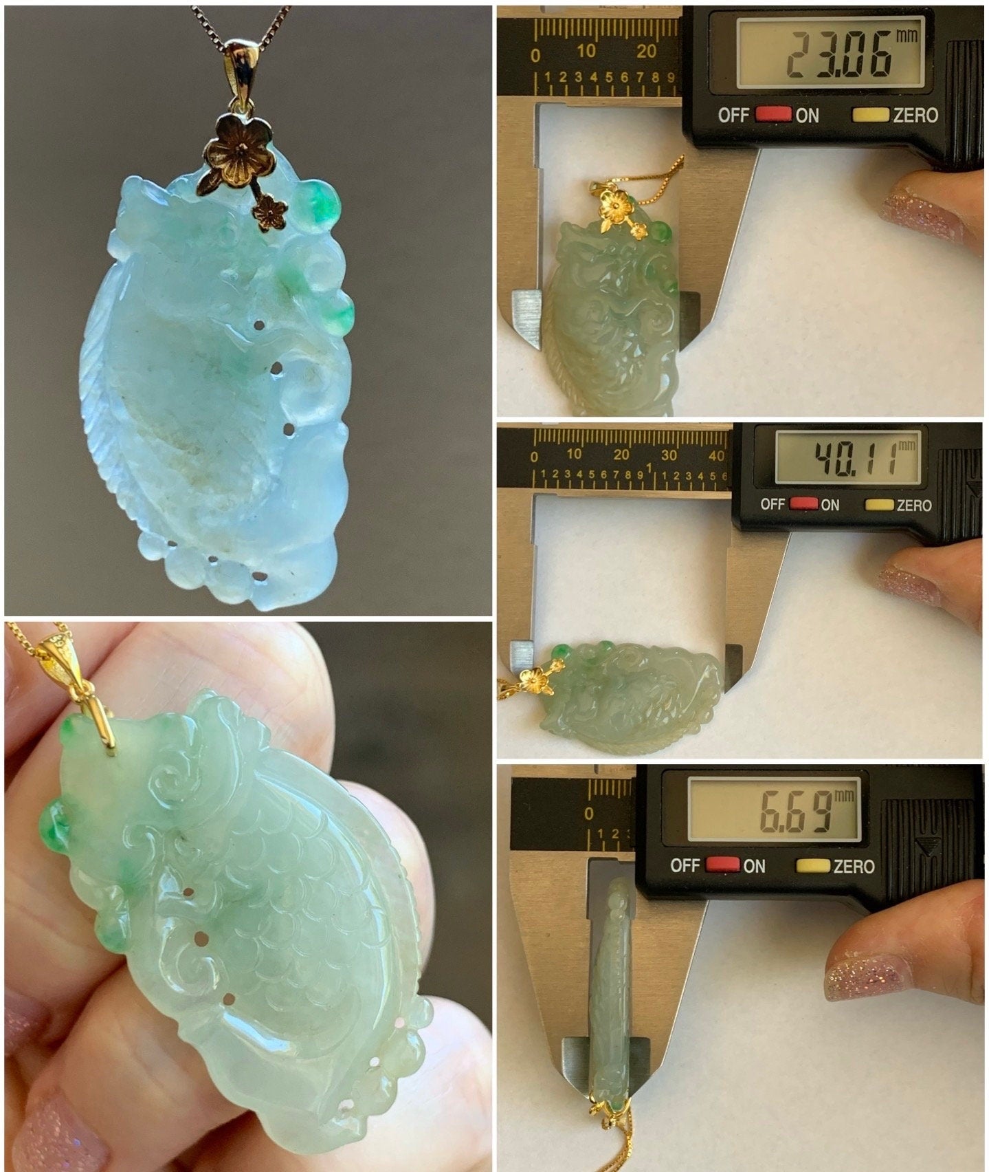 Natural Burmese Icy Translucent Tea Yellow & Vibrant Green Jadeite Carved Dragon Fish Ruyi Pendant Sterling Silver 天然缅甸冰茶黄飘绿花翡翠鳌鱼如意吊坠
