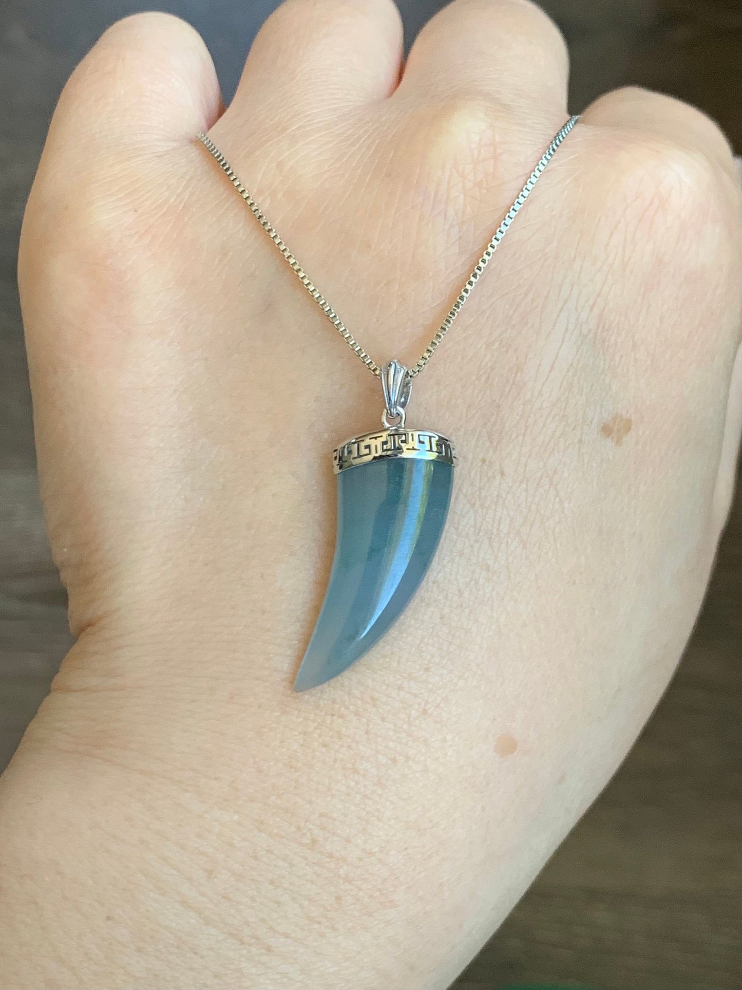 Certified Natural Guatemalan Icy Translucent Gelatinous Light Blue Marbled Jadeite Dragon Tooth Pendant 18K White Gold 天然缅甸老种冰胶淡蓝飘花翡翠龙牙镶嵌吊坠