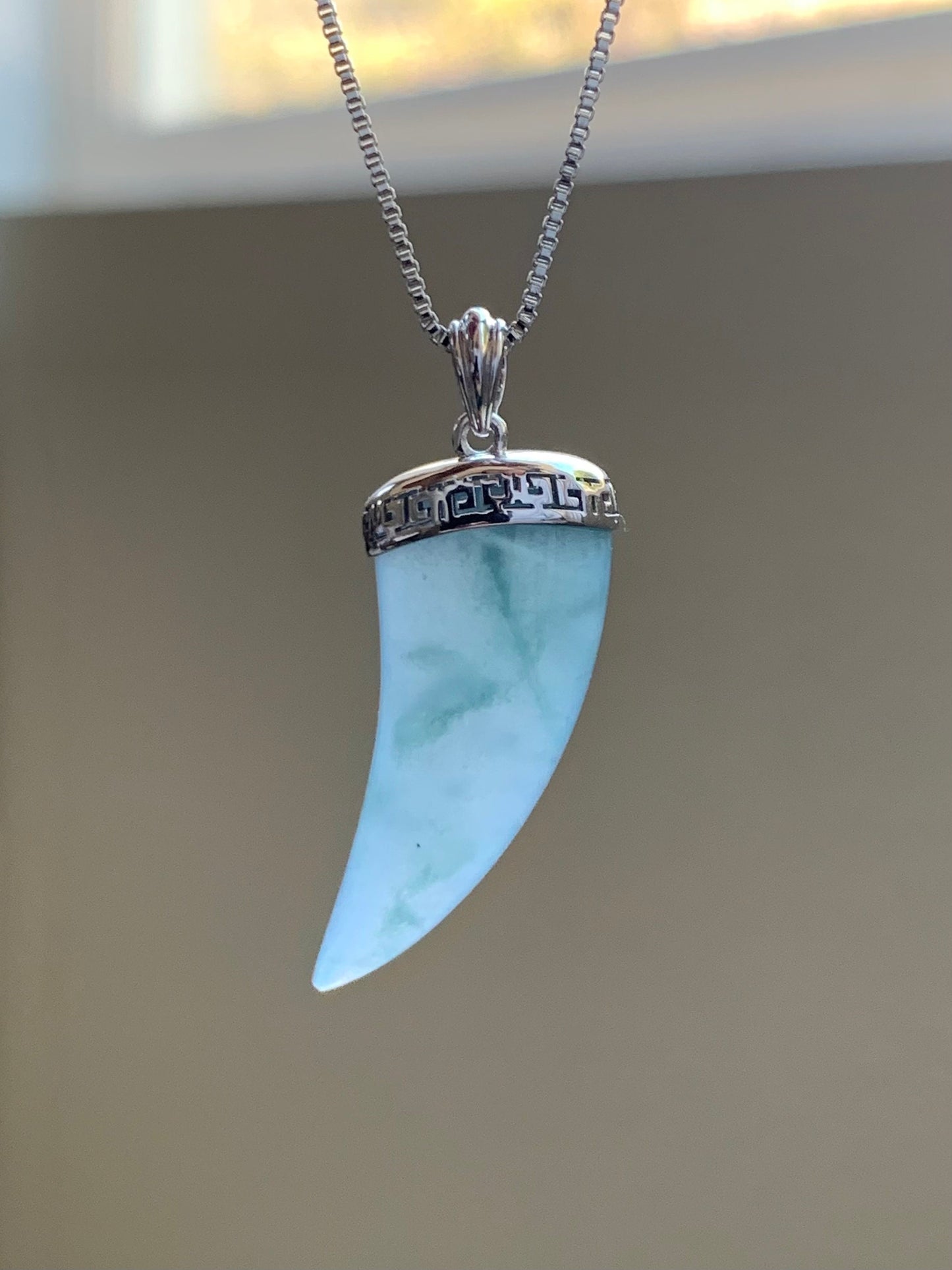 Certified Natural Guatemalan Icy Translucent Gelatinous Light Blue Marbled Jadeite Dragon Tooth Pendant 18K White Gold 天然缅甸老种冰胶淡蓝飘花翡翠龙牙镶嵌吊坠