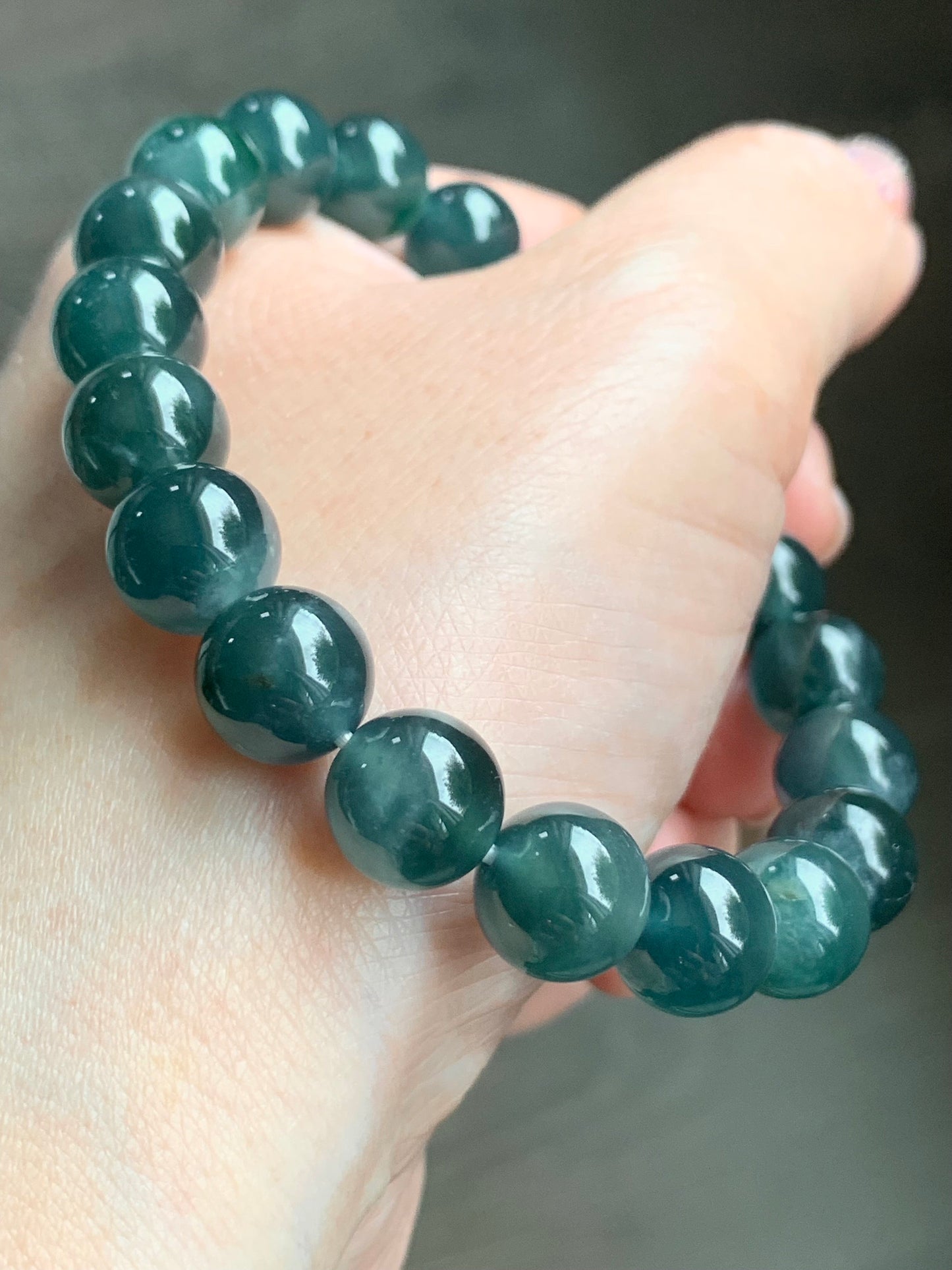 Certified Natural Guatemalan Icy Highly Translucent Dark Indigo Blue Jadeite Beaded Bracelet 10mm 7.5” 35.6g 天然老种冰危深蓝翡翠圆珠手串 7086