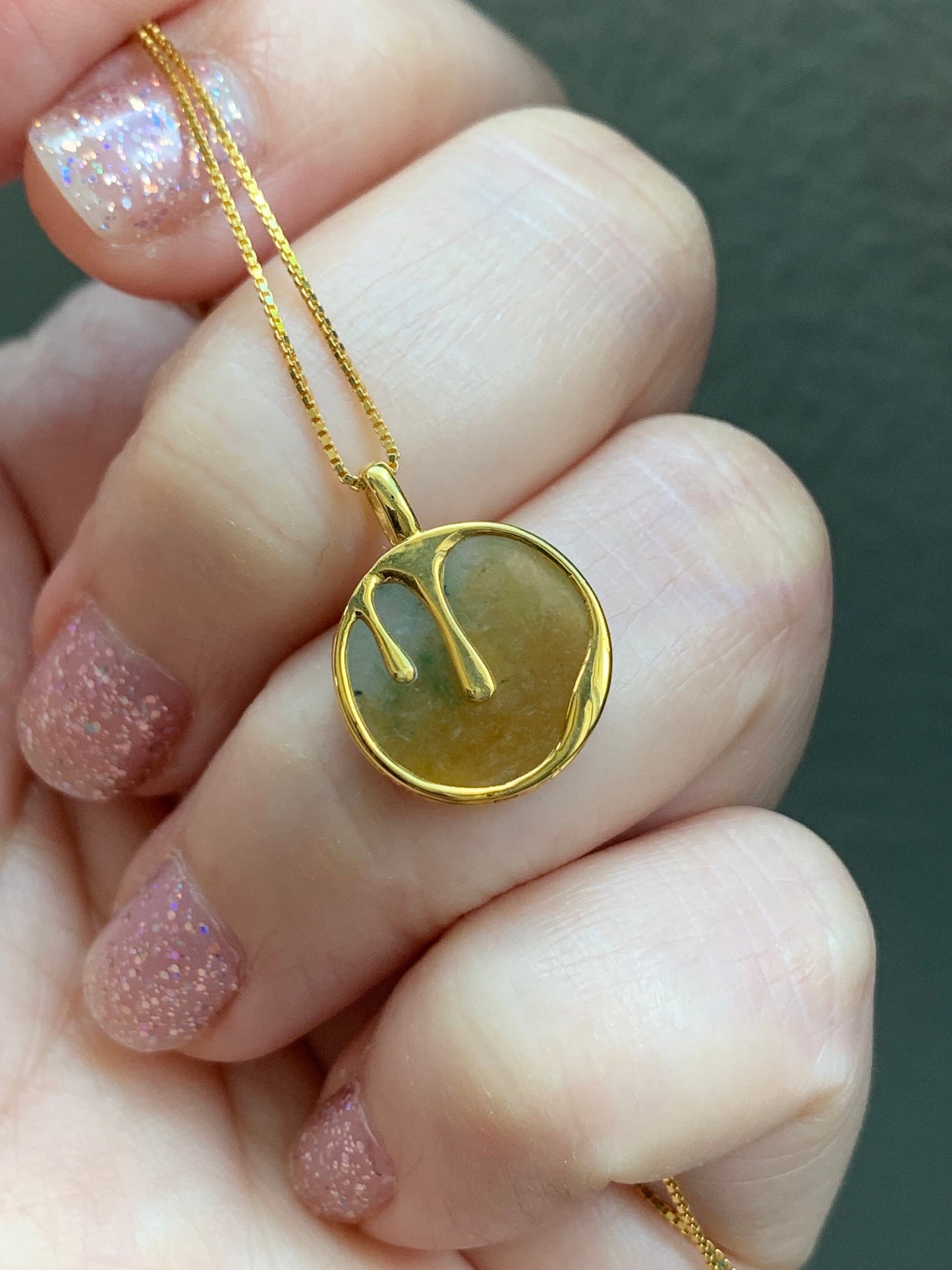 Certified Natural Burmese Icy Translucent Yellow & Green Jadeite Wu Shi Pai Coin Pendant 18K Yellow Gold 天然缅甸冰黄加绿翡翠无事牌镶嵌吊坠 7062