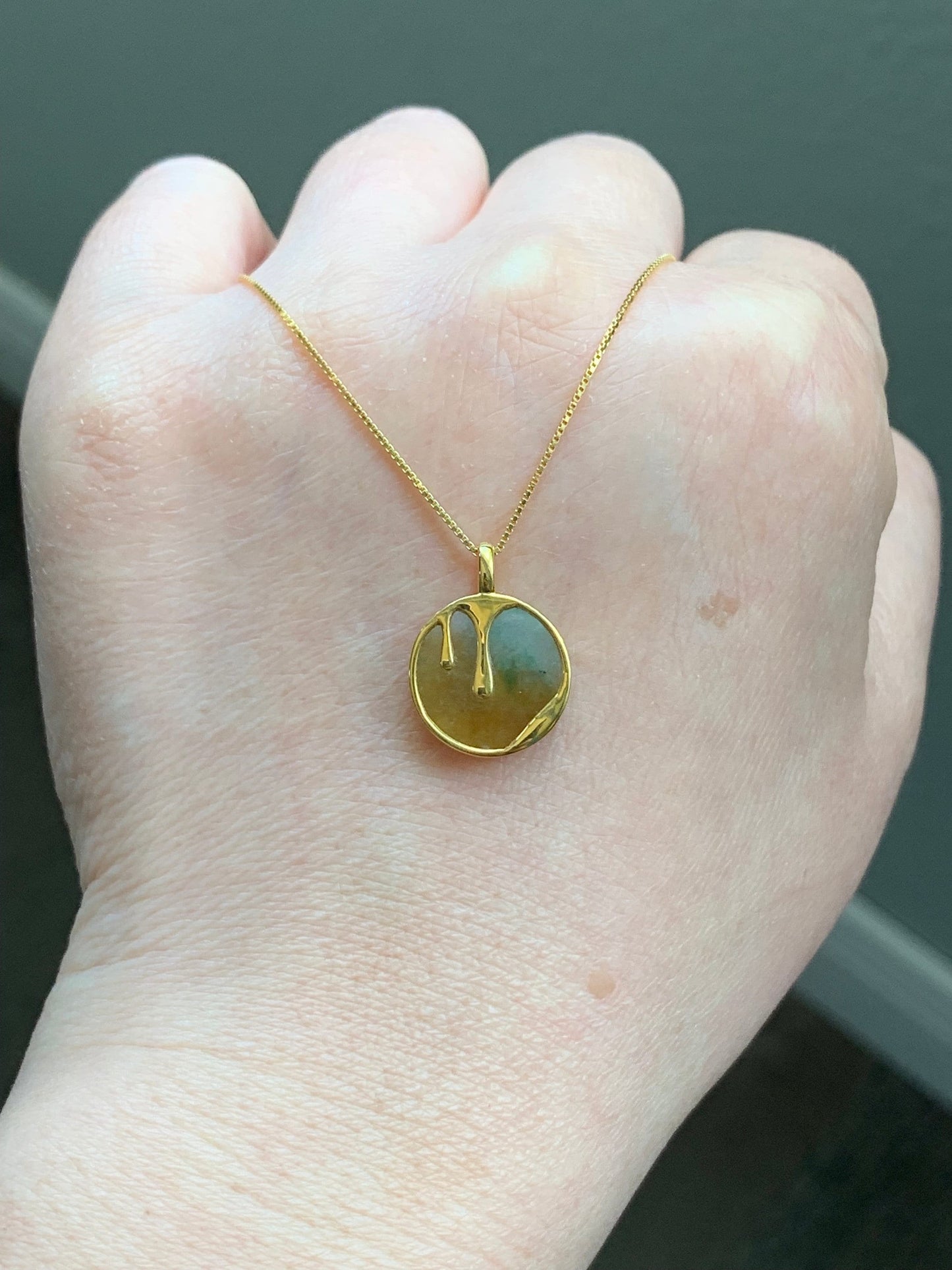 Certified Natural Burmese Icy Translucent Yellow & Green Jadeite Wu Shi Pai Coin Pendant 18K Yellow Gold 天然缅甸冰黄加绿翡翠无事牌镶嵌吊坠 7062