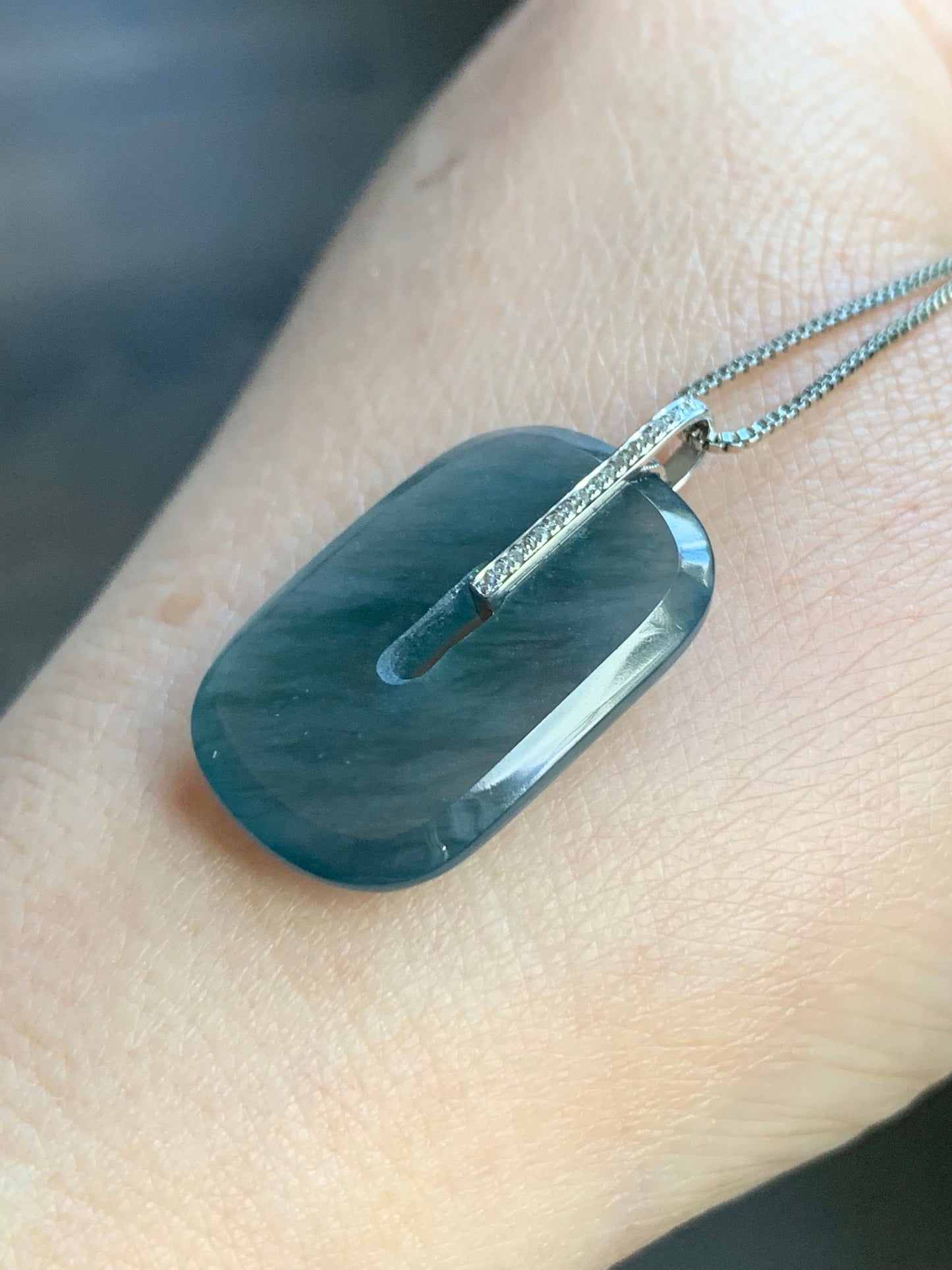 Certified Natural Guatemalan Icy Highly Translucent Blue Jadeite Ping An Kou Donut Pendant 18K White Gold & Diamond 天然高冰危深蓝翡翠平安扣镶嵌吊坠 7051