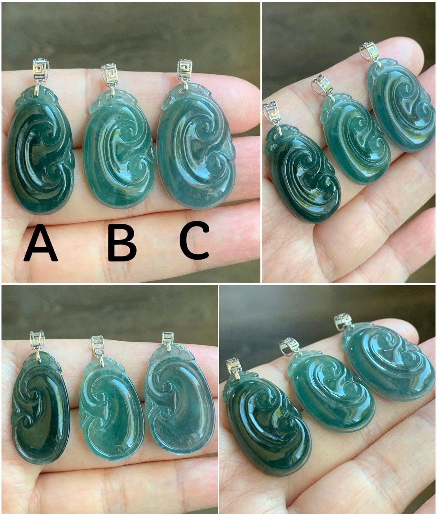 Natural Guatemalan Icy Translucent Teal Blue Jadeite Carved Ruyi Pendant 18K White Gold Bail 天然冰危蓝水翡翠如意镶嵌吊坠